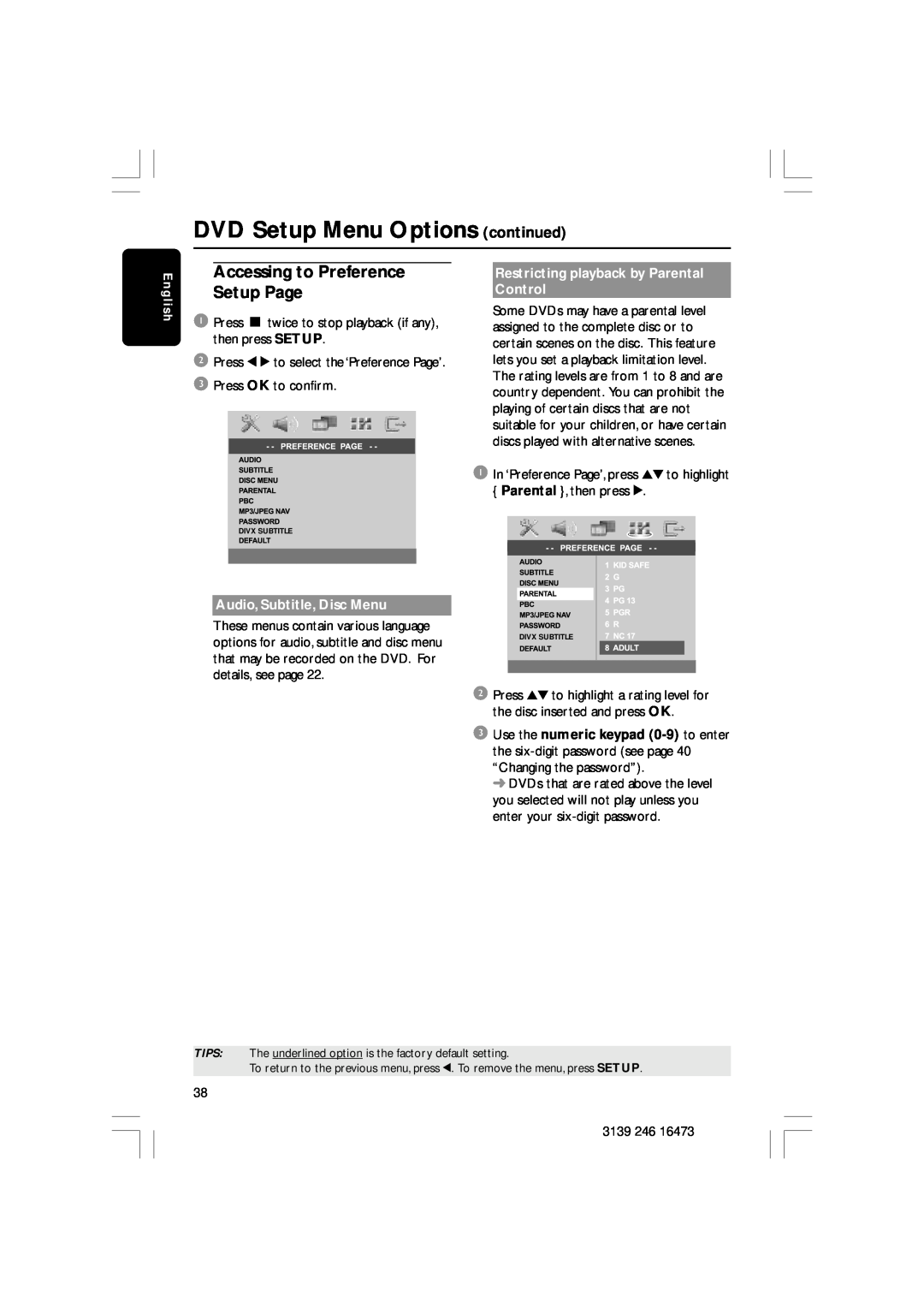 Philips HTS5510C Accessing to Preference Setup Page, DVD Setup Menu Options continued, Audio, Subtitle, Disc Menu 