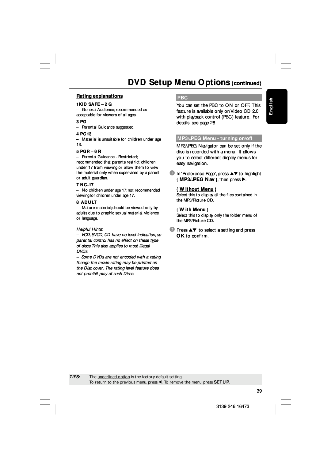 Philips HTS5510C DVD Setup Menu Options continued, Rating explanations, MP3/JPEG Menu - turning on/off, Without Menu 