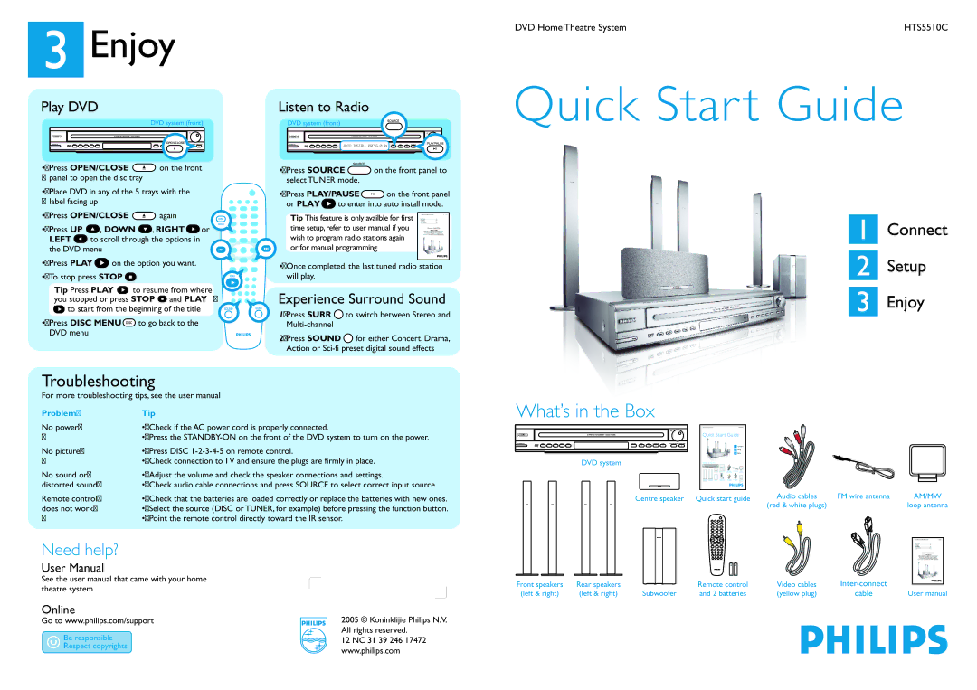 Philips HTS5510C/75 quick start Play DVD, Listen to Radio, Experience Surround Sound 