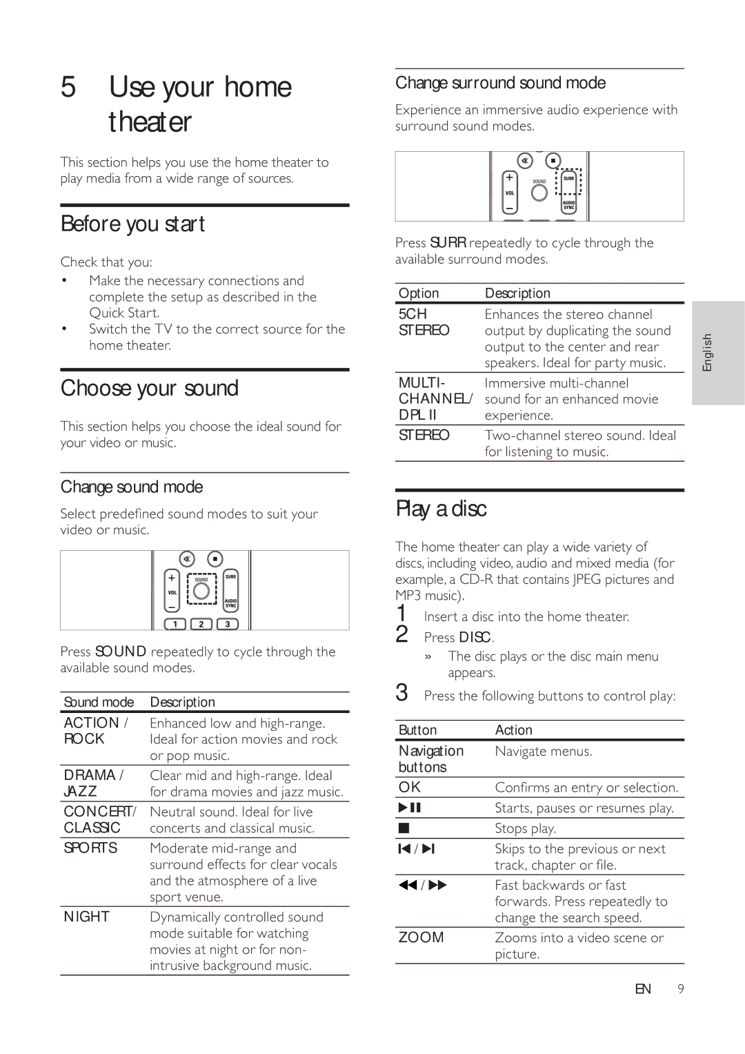 Philips HTS5530 user manual Use your home theater, Before you start, Choose your sound, Play a disc 