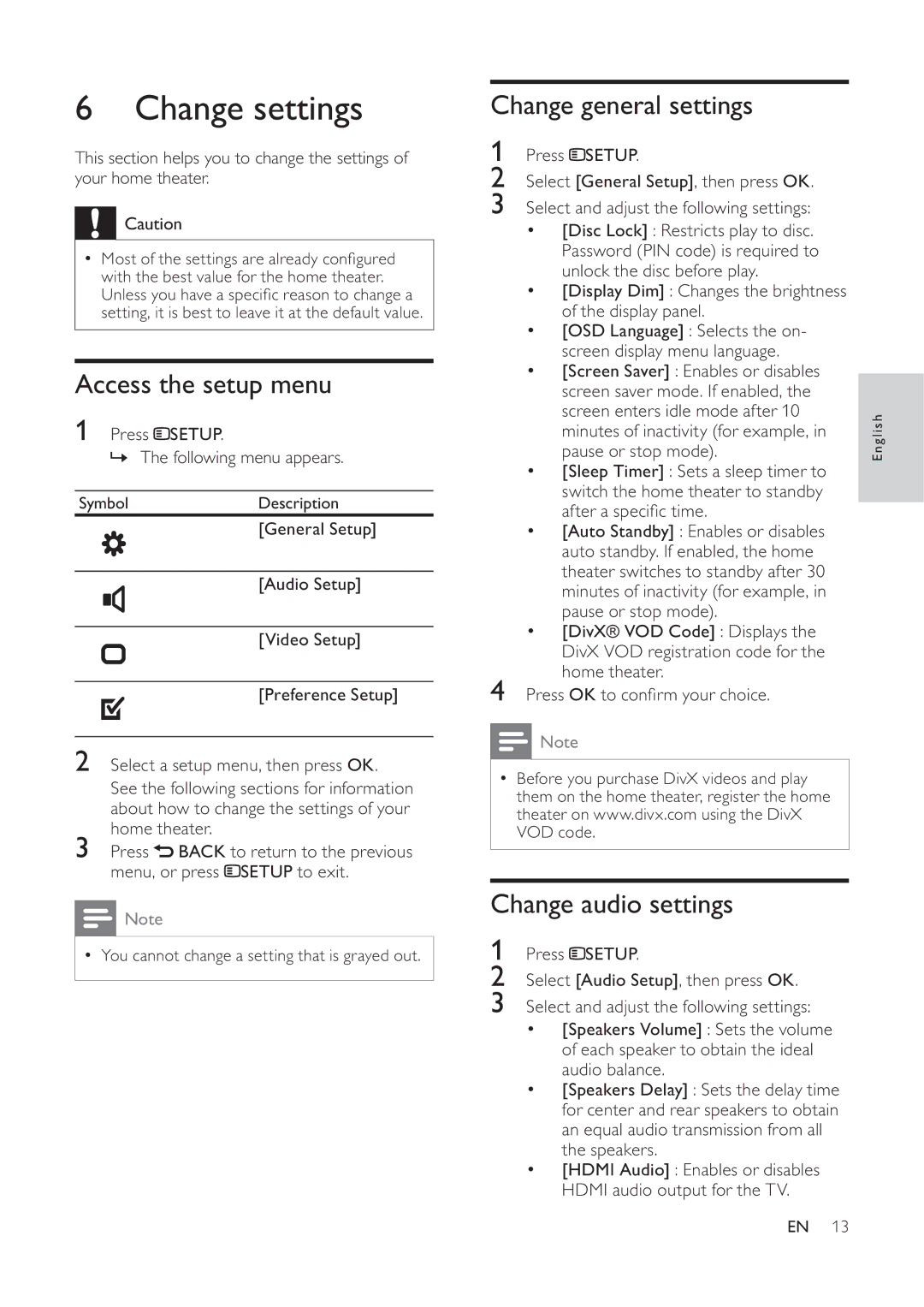 Philips HTS5530 user manual Change settings, Access the setup menu, Change general settings, Change audio settings 