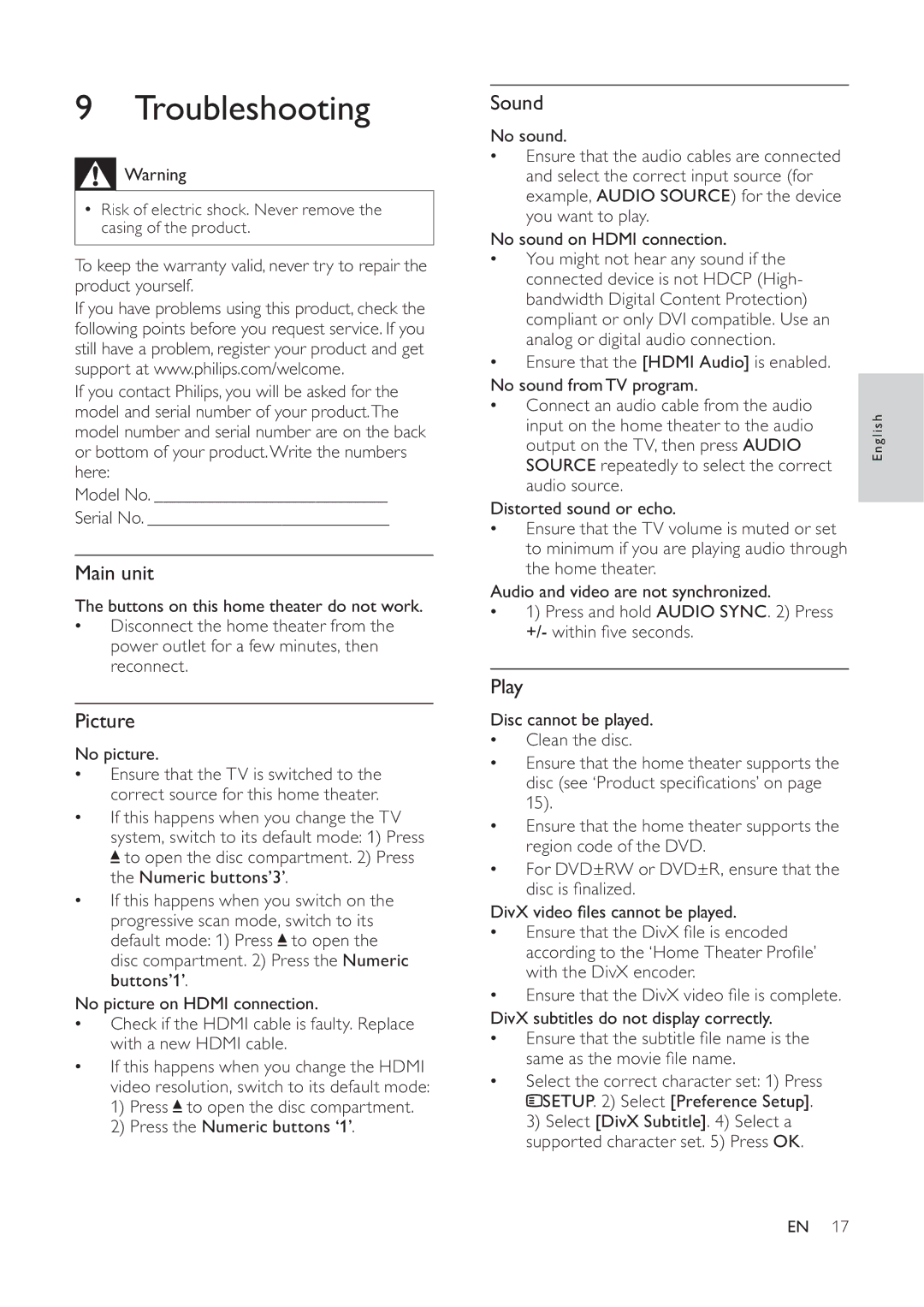 Philips HTS5530 user manual Troubleshooting, Main unit, Picture, Sound, Play 