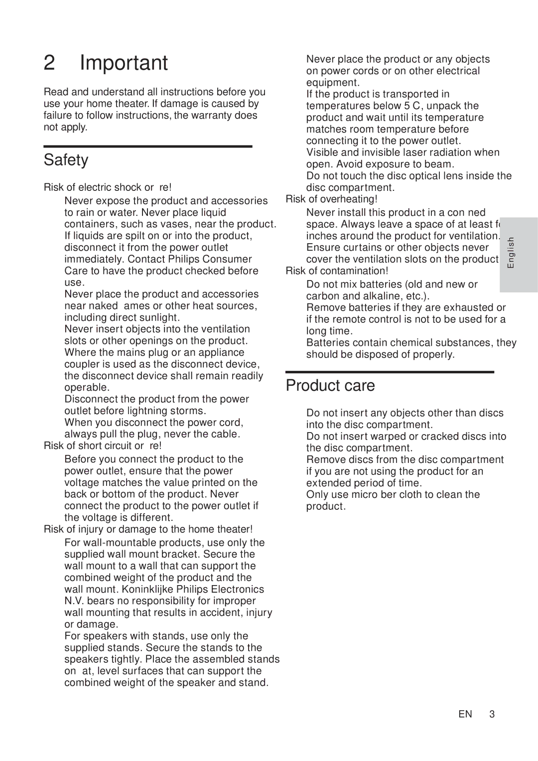 Philips HTS5530 user manual Safety, Product care 