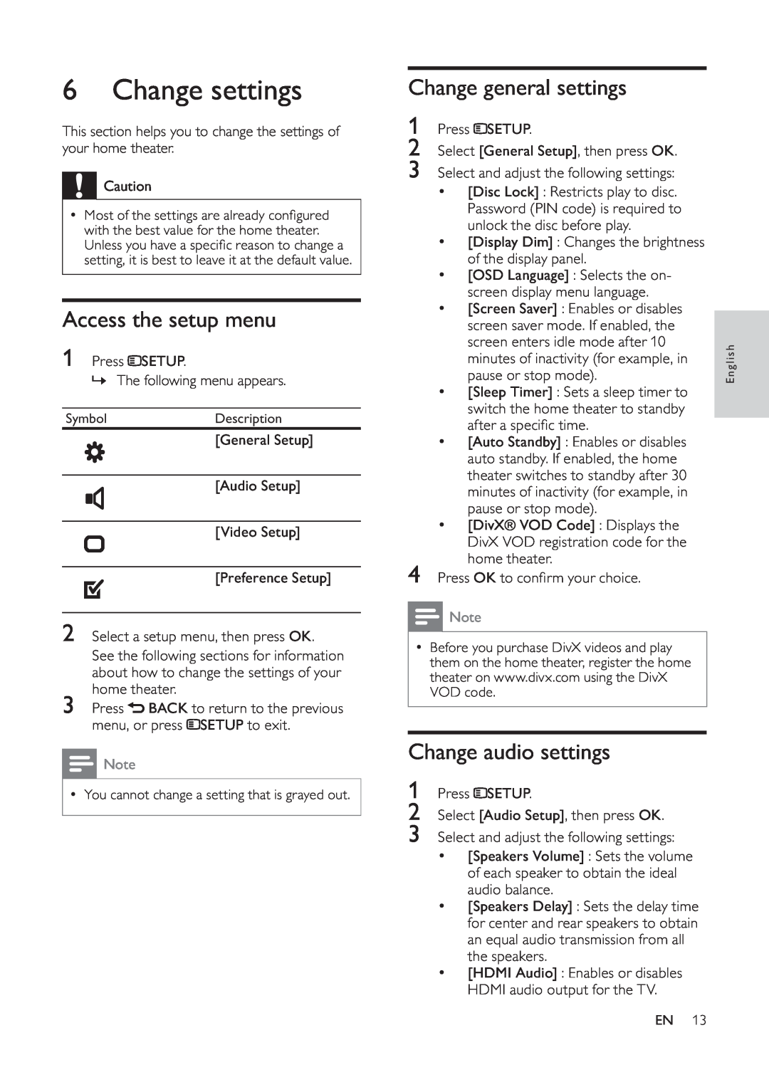 Philips HTS5530 user manual Change settings, Access the setup menu, Change general settings, Change audio settings 