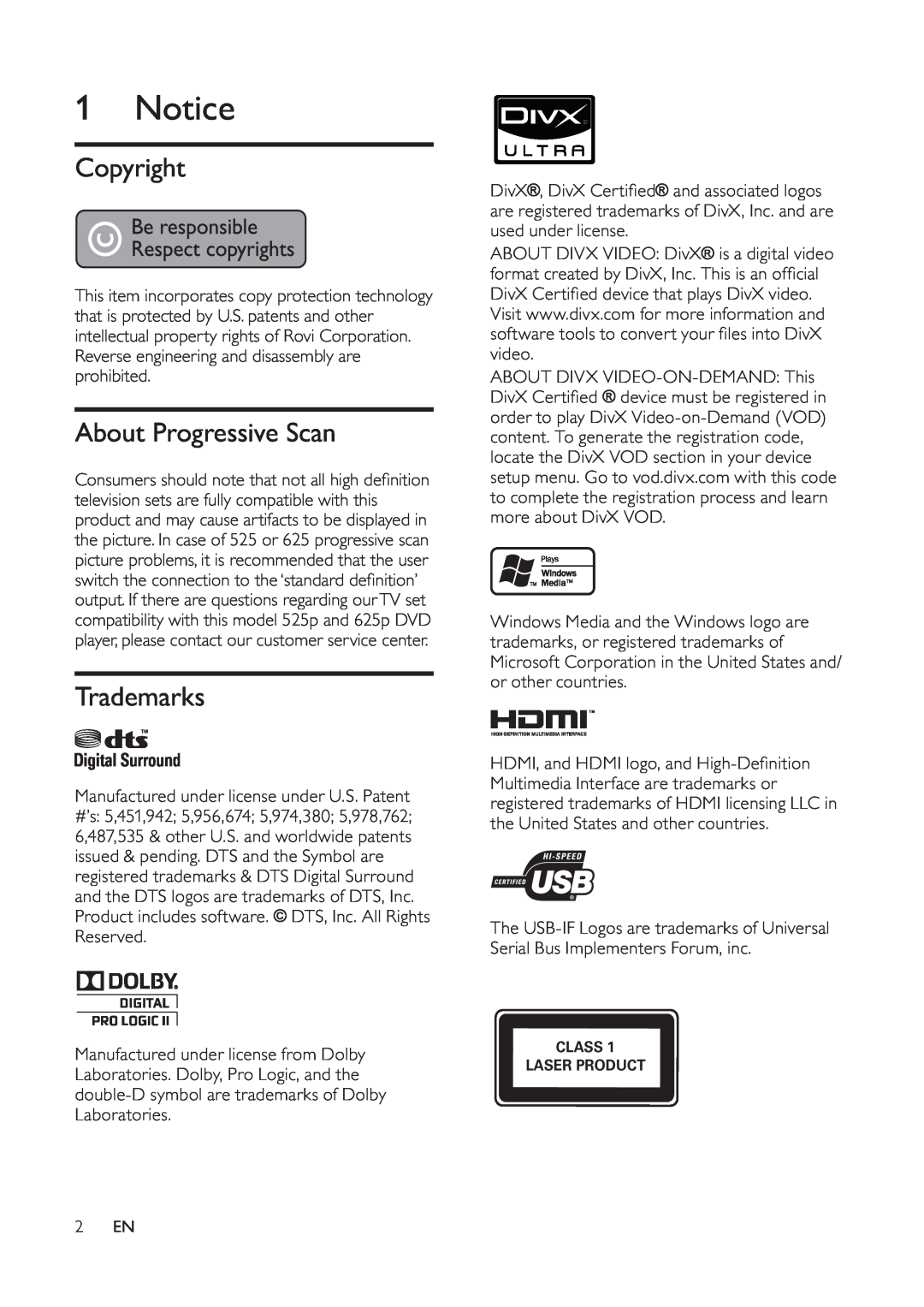 Philips HTS5530 user manual Notice, Copyright, About Progressive Scan, Trademarks 