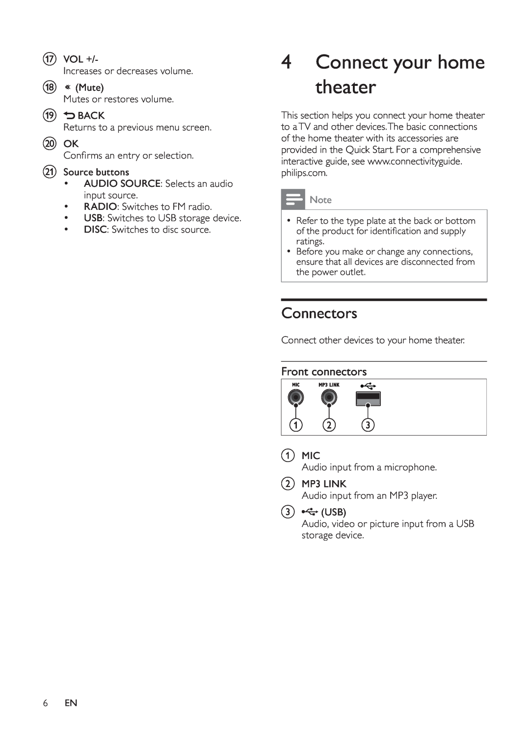 Philips HTS5530 user manual Connect your home theater, Connectors, Front connectors 