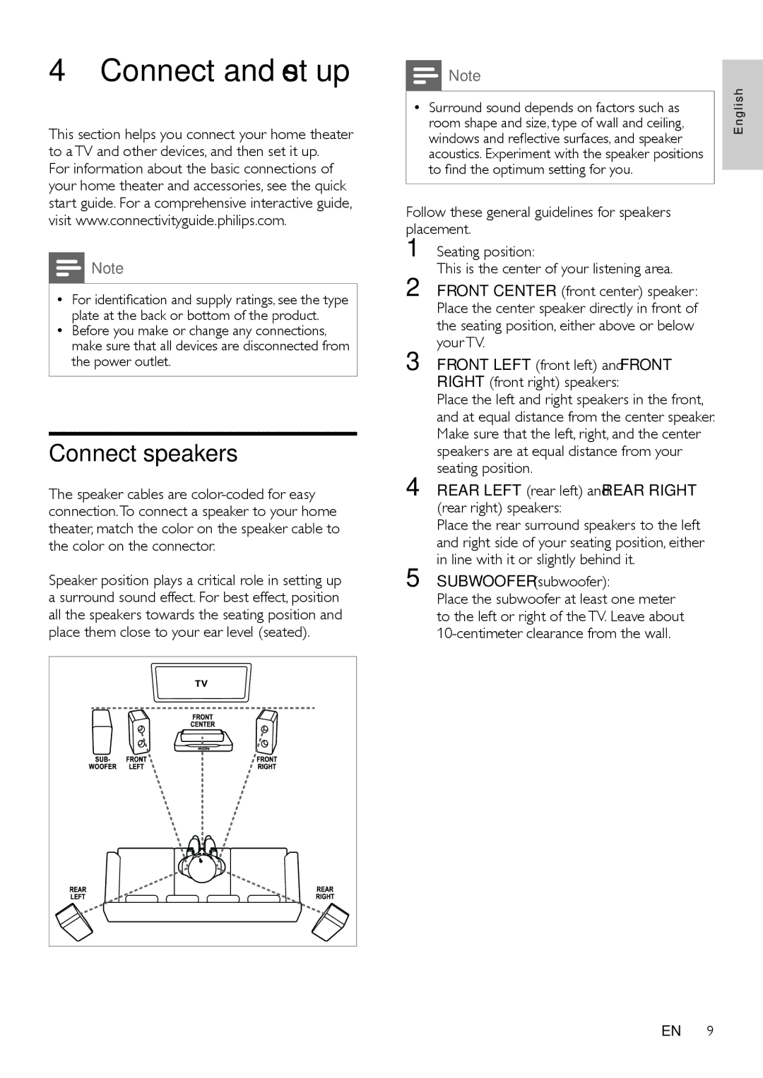 Philips HTS5593, HTS5563 Connect and set up, Connect speakers, Follow these general guidelines for speakers placement 