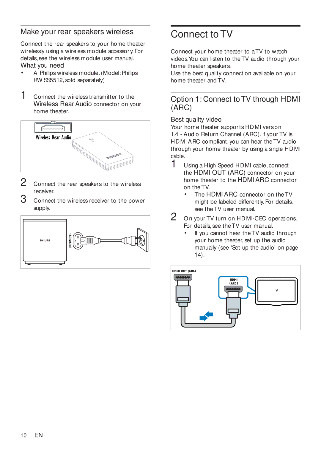 Philips HTS5563, HTS5593 user manual Make your rear speakers wireless, Option 1 Connect to TV through Hdmi ARC 