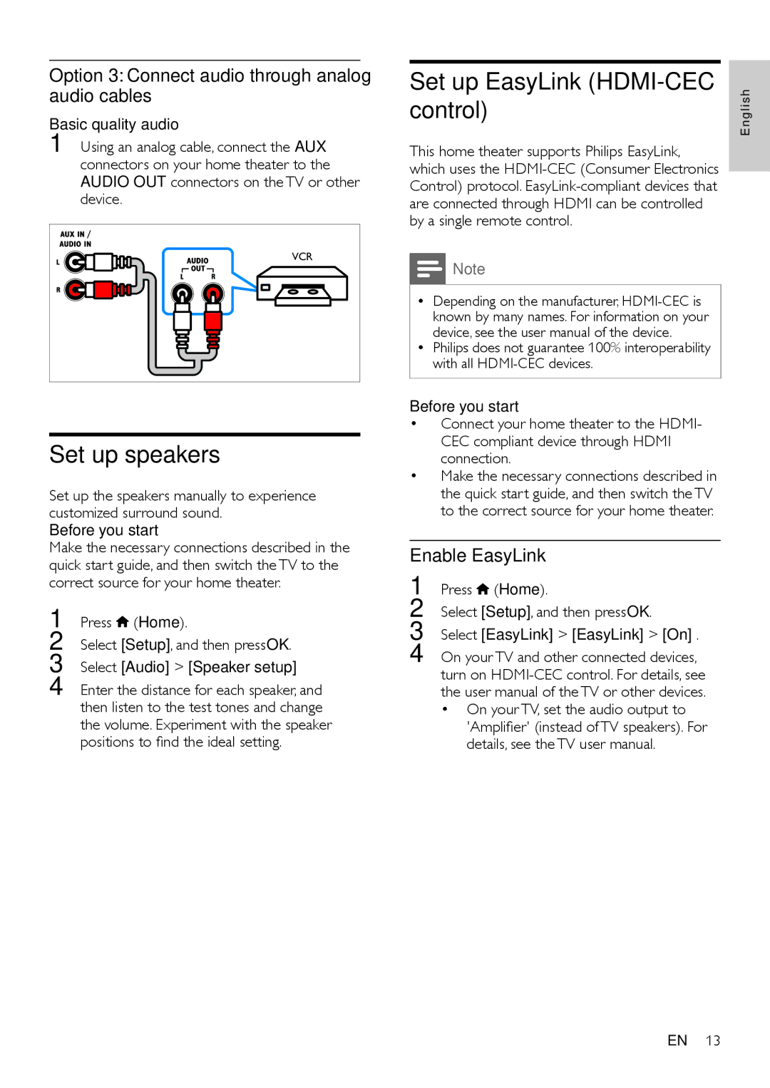 Philips HTS5593 Set up speakers, Set up EasyLink HDMI-CEC control, Option 3 Connect audio through analog audio cables 