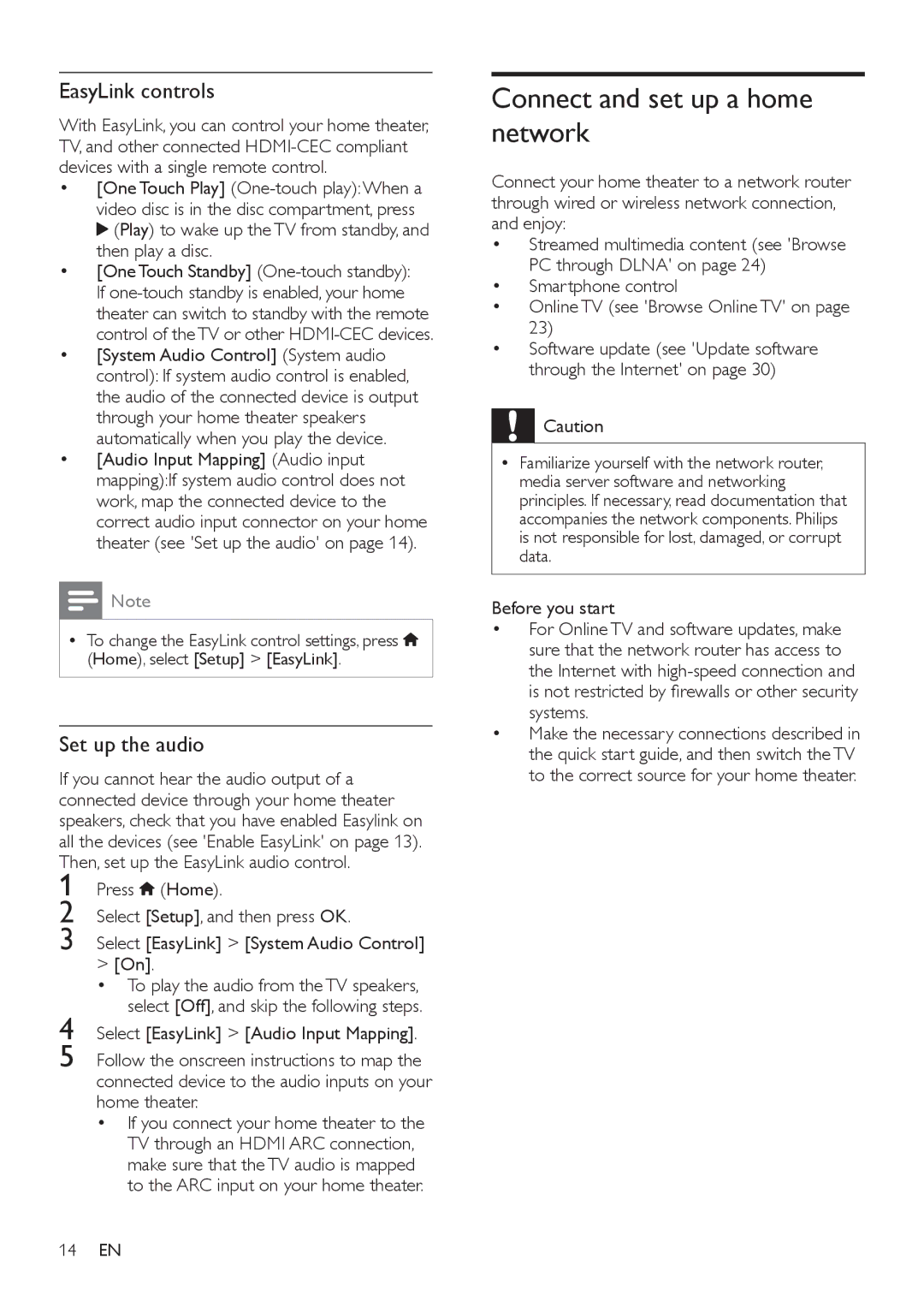 Philips HTS5563, HTS5593 user manual Connect and set up a home network, EasyLink controls, Set up the audio, 14 EN 