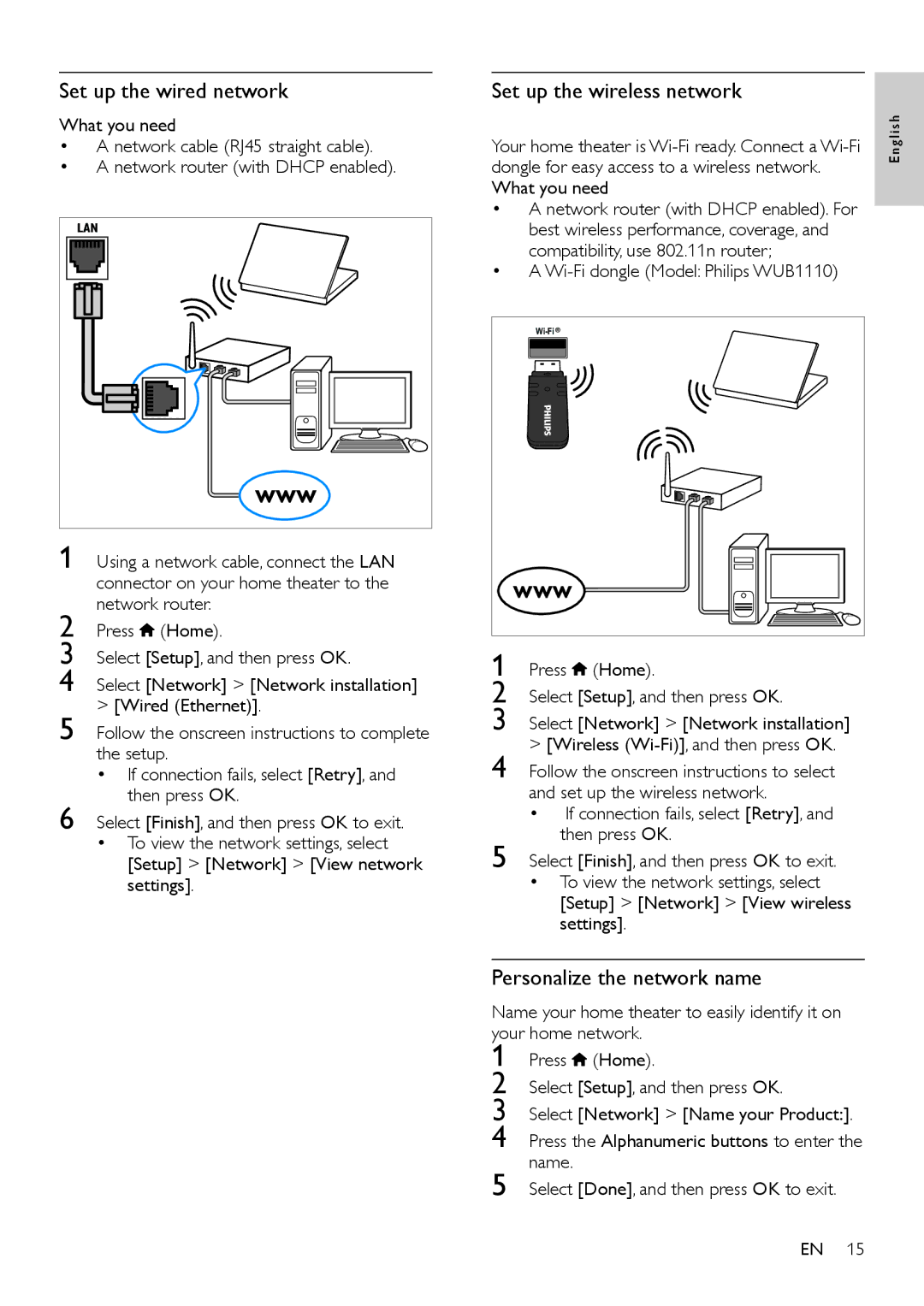 Philips HTS5593, HTS5563 user manual Set up the wired network, Set up the wireless network, Personalize the network name 