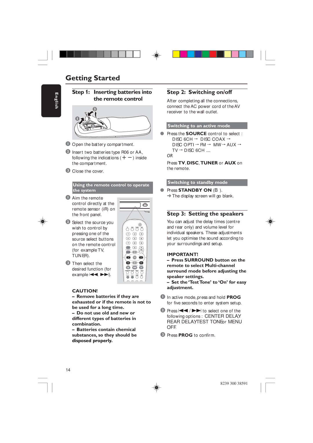 Philips HTS5700R/05 user manual Getting Started, Switching on/off, Setting the speakers, Switching to an active mode 