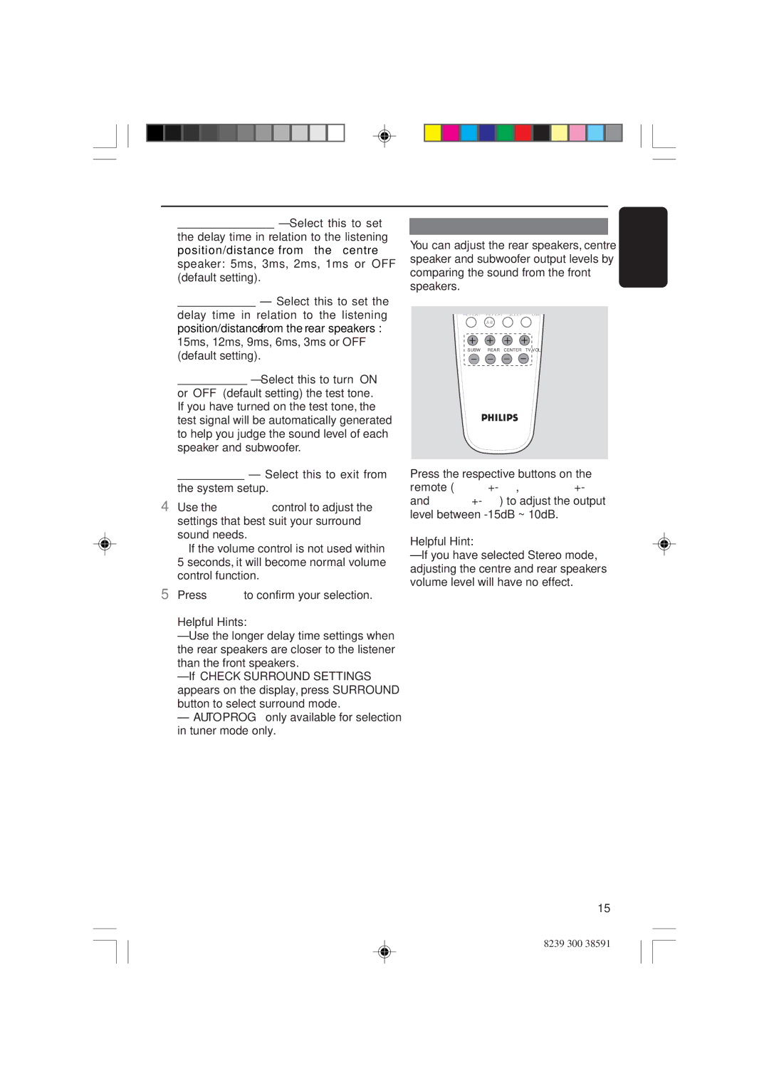 Philips HTS5700R/05 user manual Adjusting the speaker output levels, Helpful Hint 