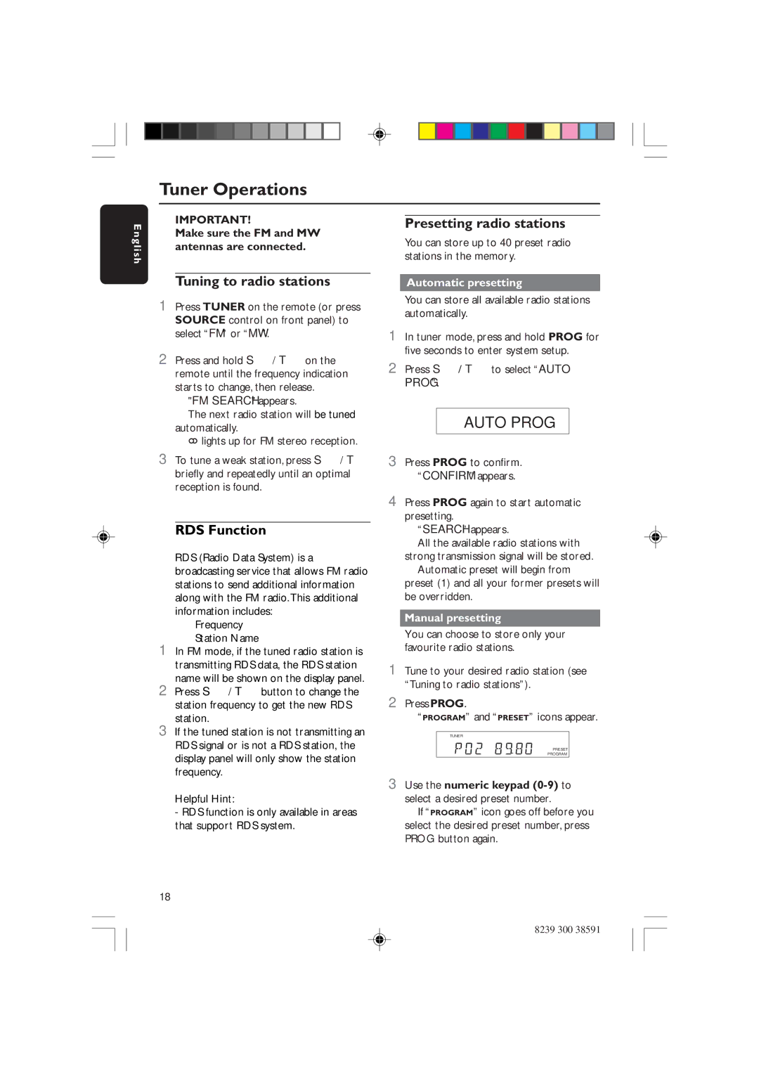 Philips HTS5700R/05 user manual Tuner Operations, Presetting radio stations, Tuning to radio stations, RDS Function 