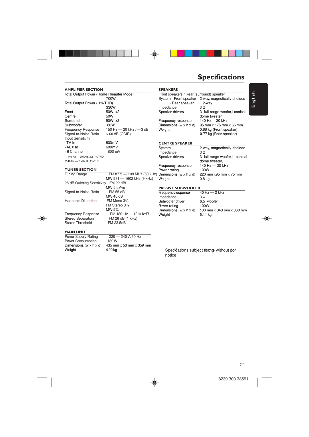 Philips HTS5700R/05 user manual Specifications, Amplifier Section 