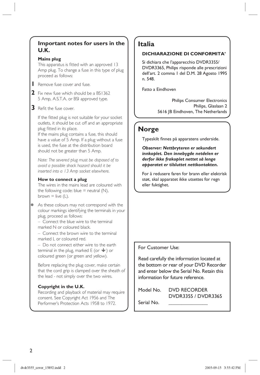 Philips HTS5700R/05 user manual For Customer Use, Serial No 