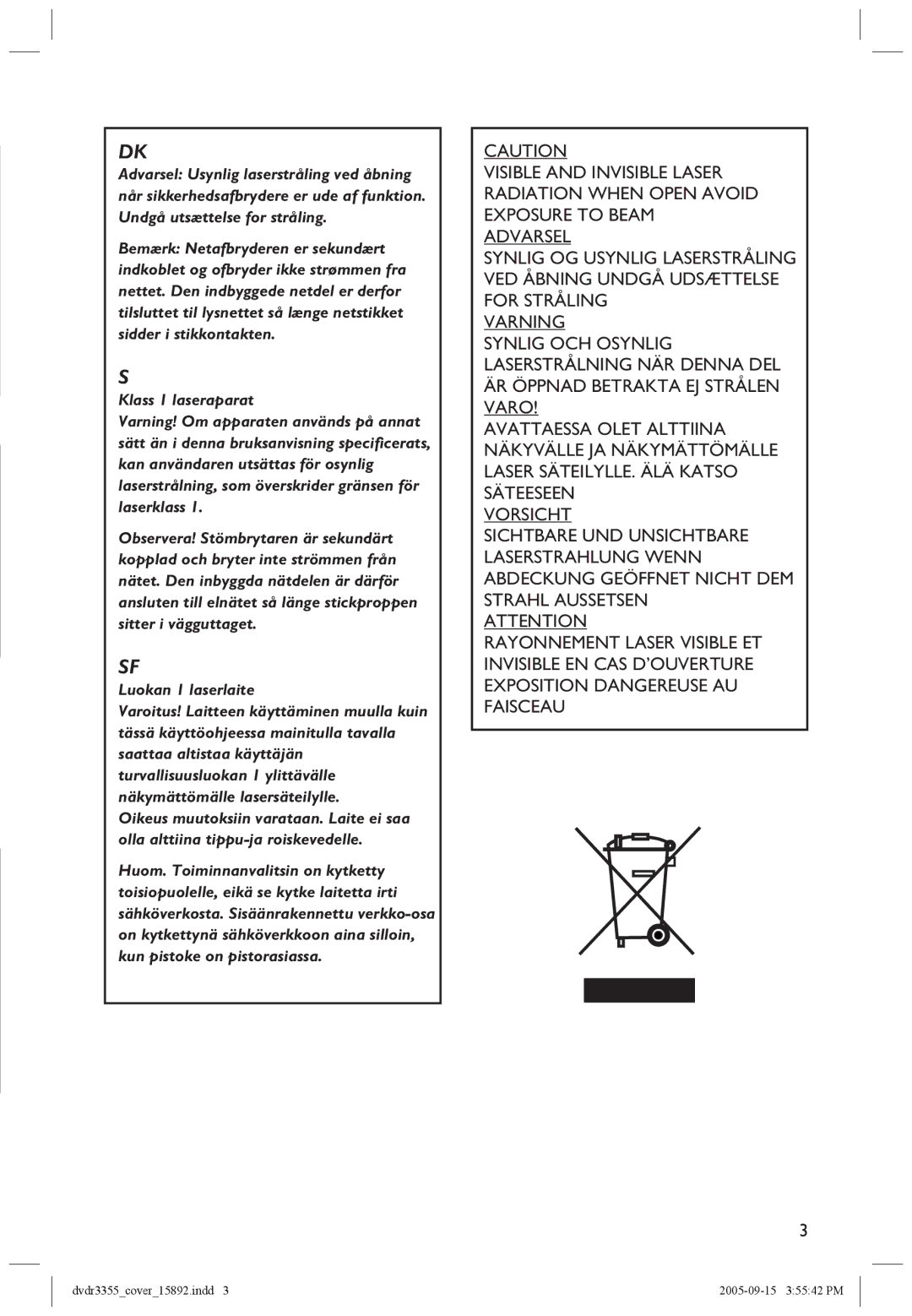 Philips HTS5700R/05 user manual Klass 1 laseraparat 