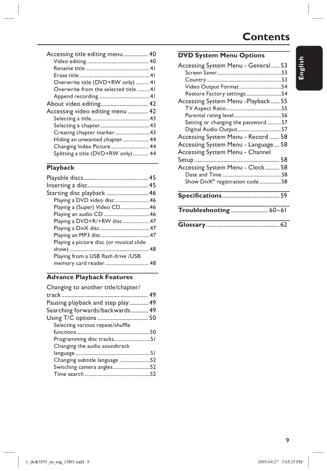 Philips HTS5700R/05 user manual DVD System Menu Options, Advance Playback Features, Changing to another title/chapter 