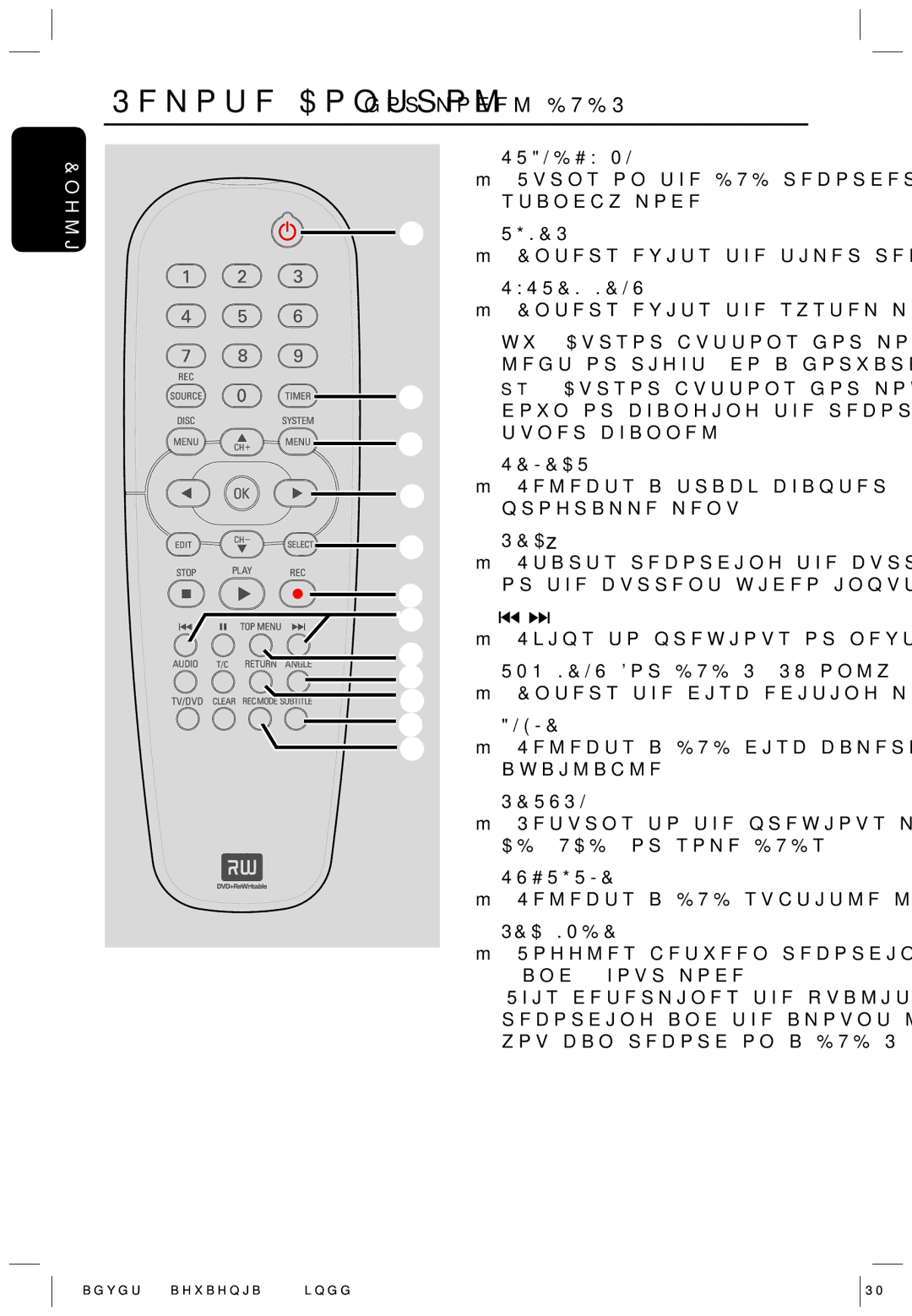 Philips HTS5700R/05 Turns on the DVD recorder or to standby mode, Selects a track/chapter/ﬁle in the programme menu, Angle 