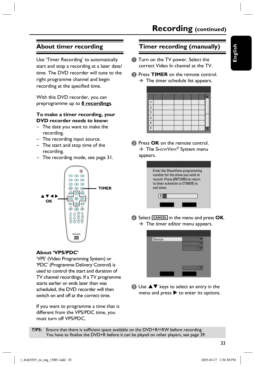 Philips HTS5700R/05 user manual About timer recording, Timer recording manually, About ‘VPS/PDC’ 