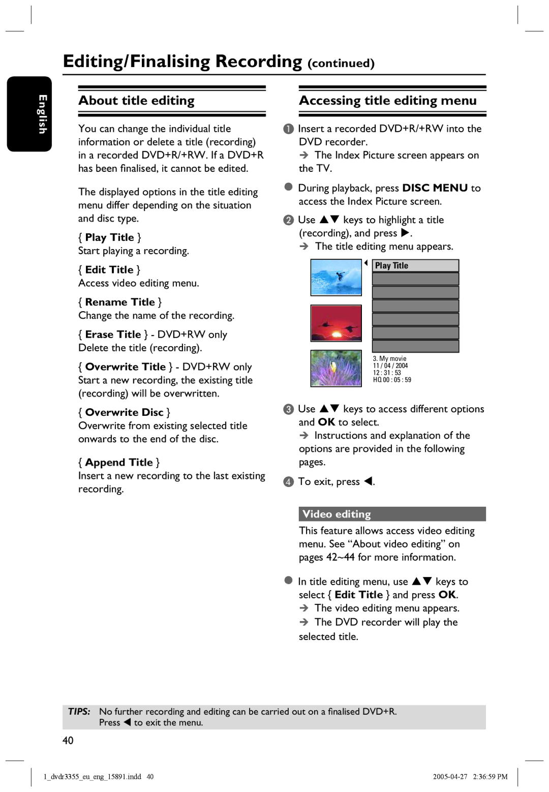 Philips HTS5700R/05 user manual About title editing, Accessing title editing menu, Video editing 