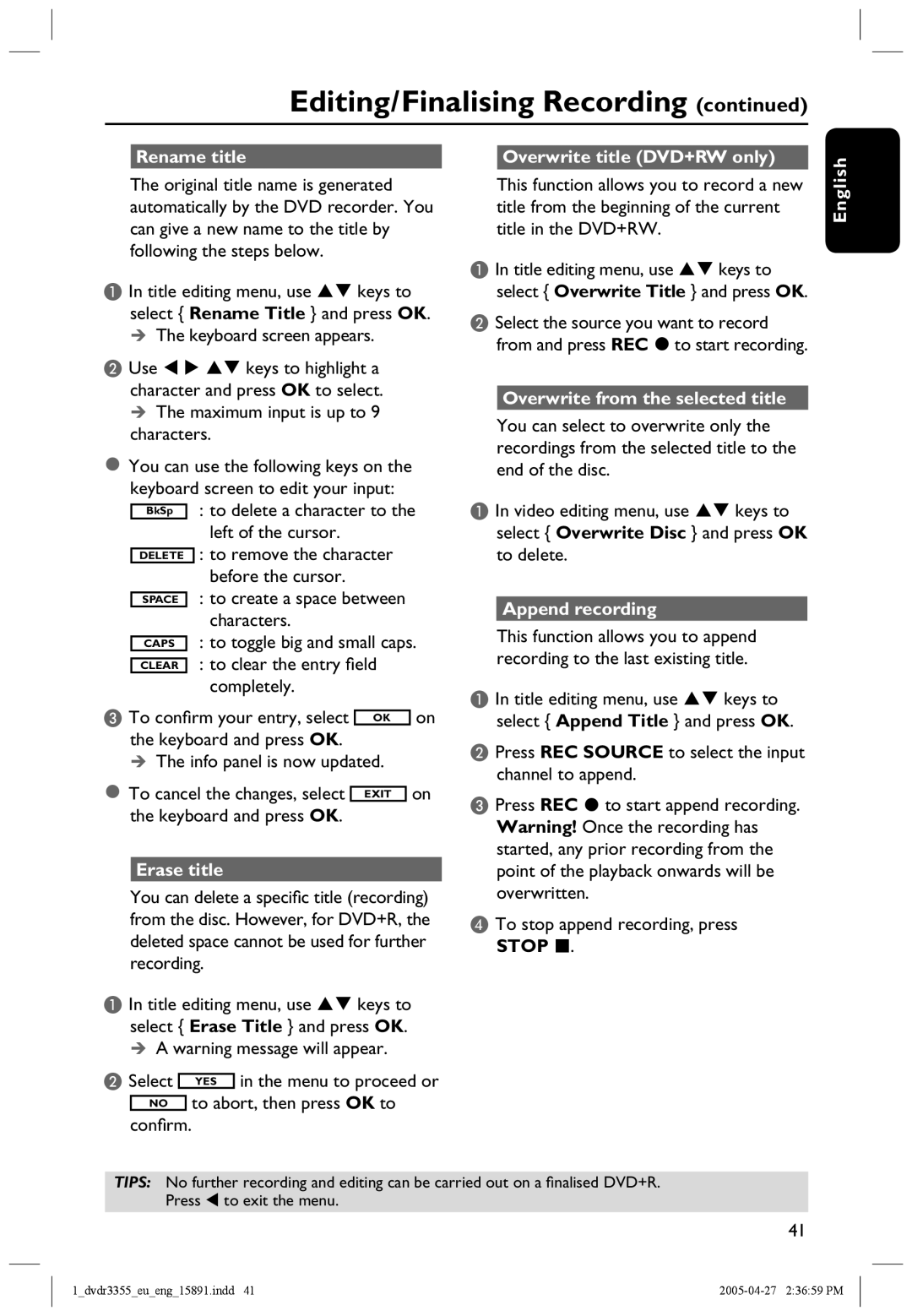 Philips HTS5700R/05 user manual Rename title Overwrite title DVD+RW only, Erase title, Overwrite from the selected title 