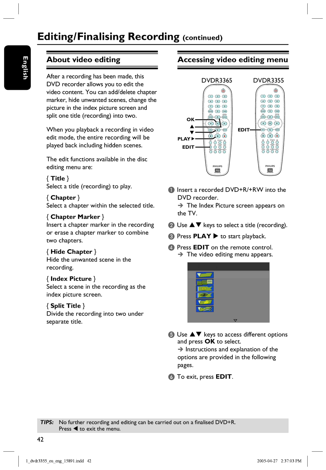 Philips HTS5700R/05 user manual About video editing, Accessing video editing menu 