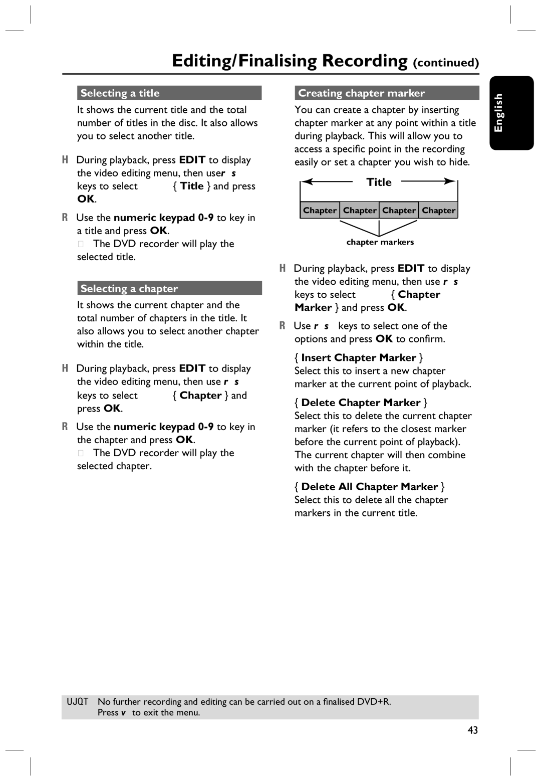 Philips HTS5700R/05 Selecting a title Creating chapter marker, Use the numeric keypad 0-9 to key in a title and press OK 