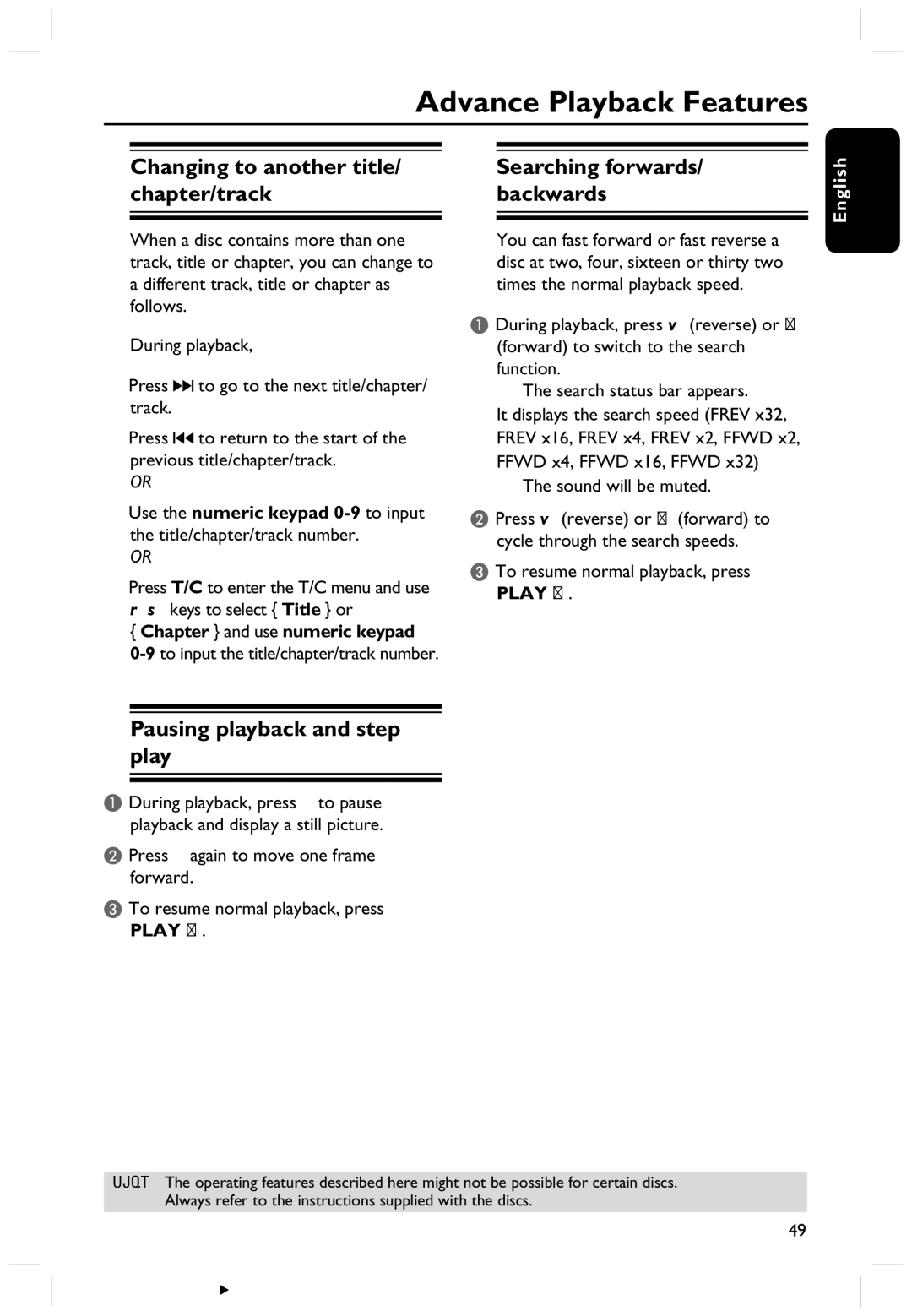 Philips HTS5700R/05 Advance Playback Features, Changing to another title/ chapter/track, Pausing playback and step play 