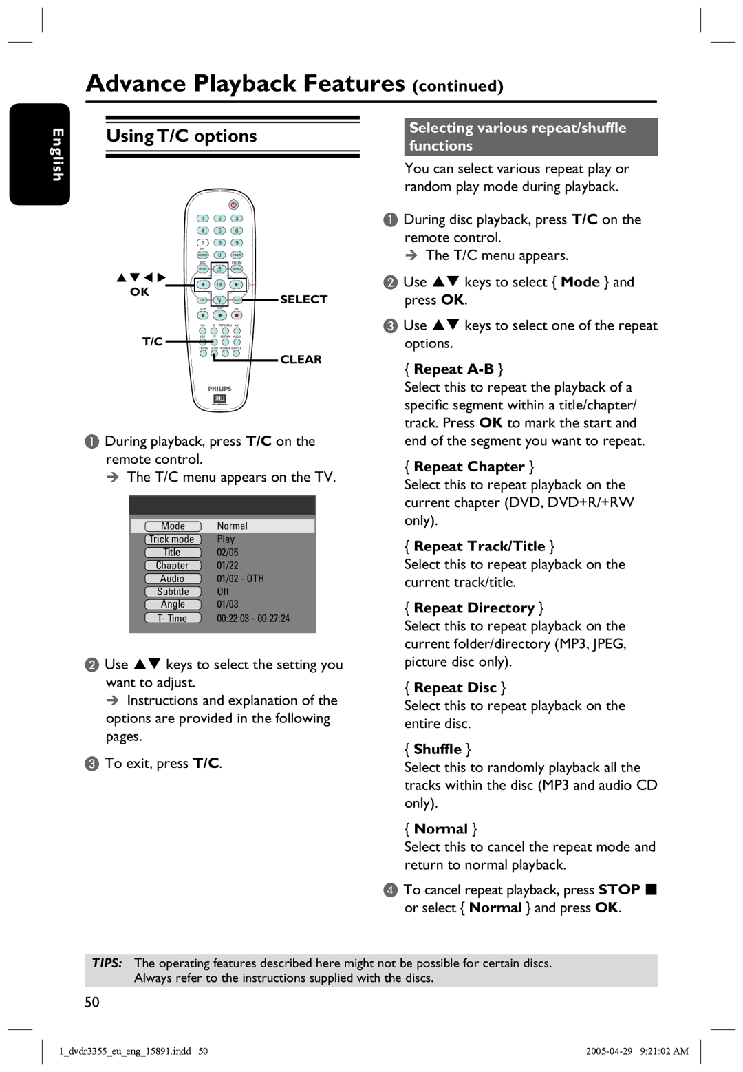 Philips HTS5700R/05 user manual Using T/C options, Selecting various repeat/shufﬂe functions 