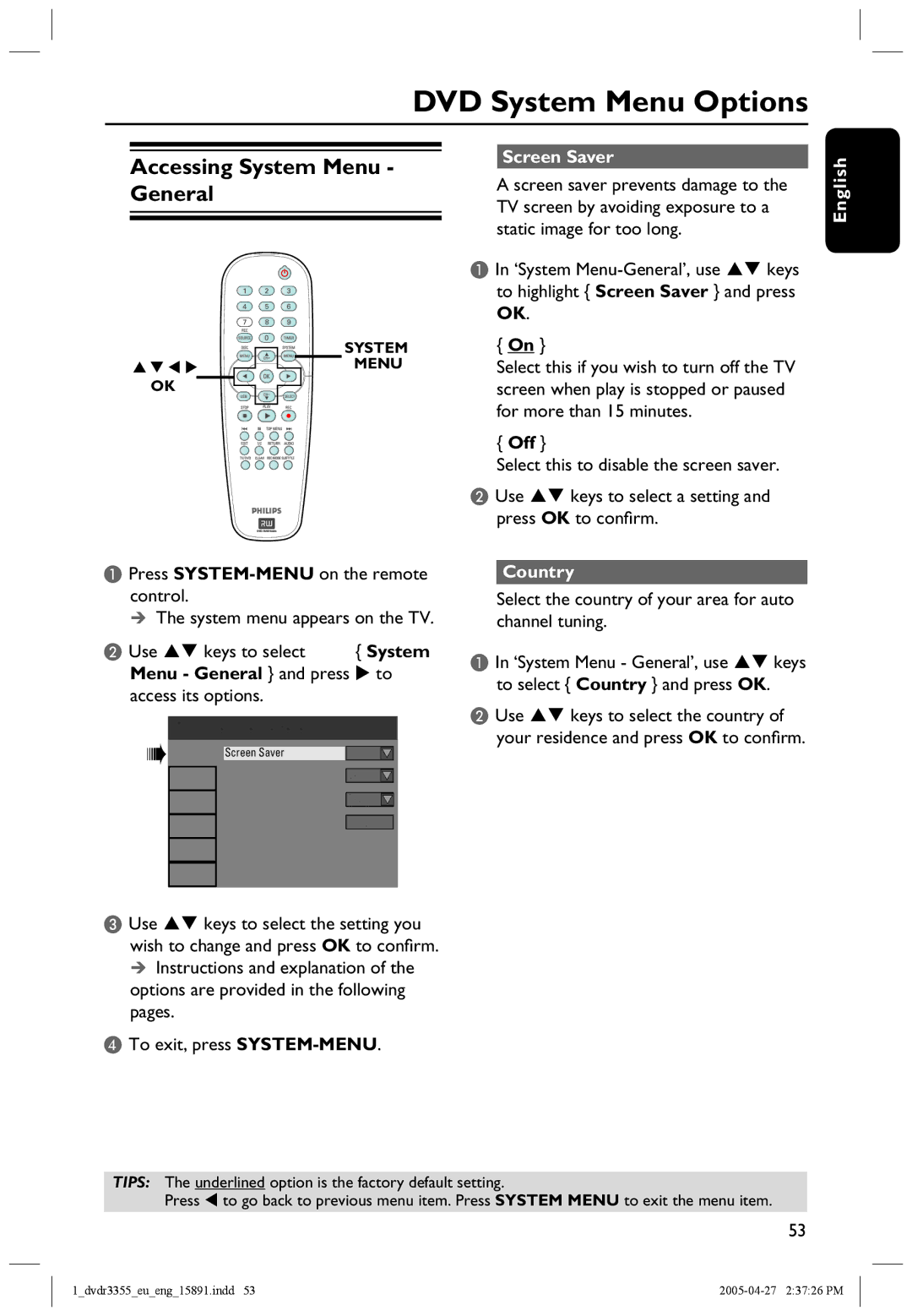 Philips HTS5700R/05 user manual DVD System Menu Options, Accessing System Menu General, Screen Saver, Country 
