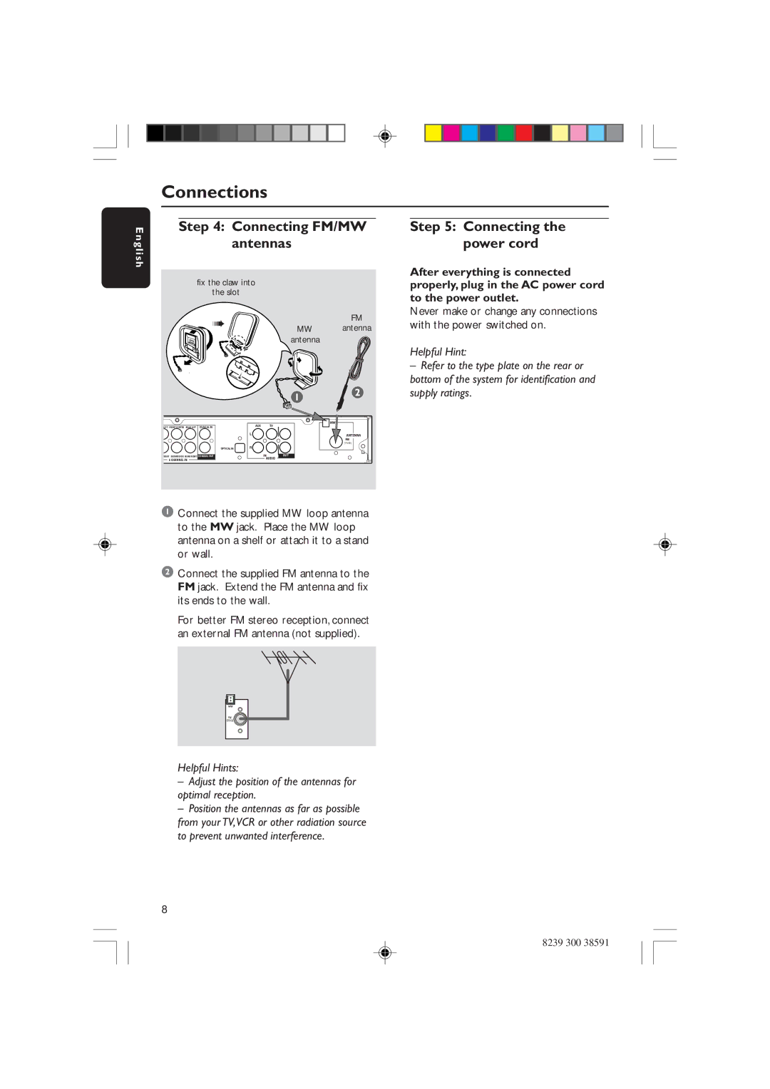 Philips HTS5700R/05 user manual Connecting FM/MW antennas, Connecting the power cord 