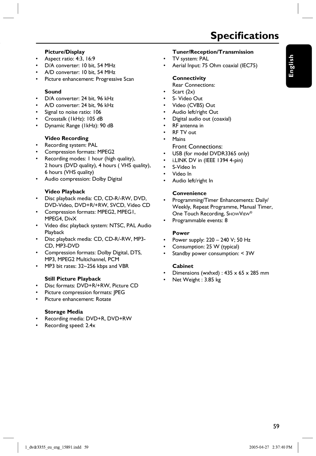 Philips HTS5700R/05 user manual Speciﬁcations, Front Connections 