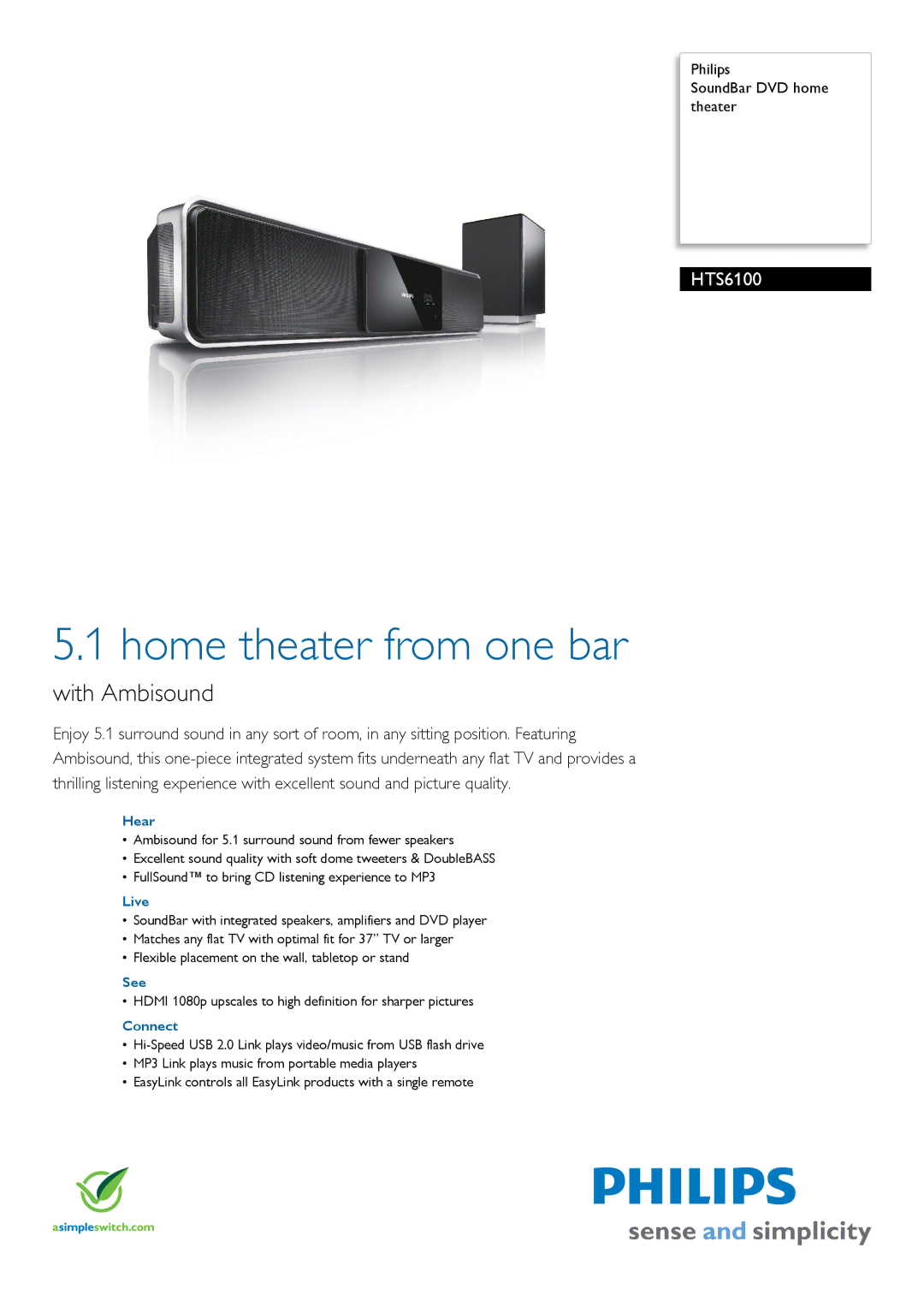 Philips HTS6100/98 manual Hear, Live, See, Connect 