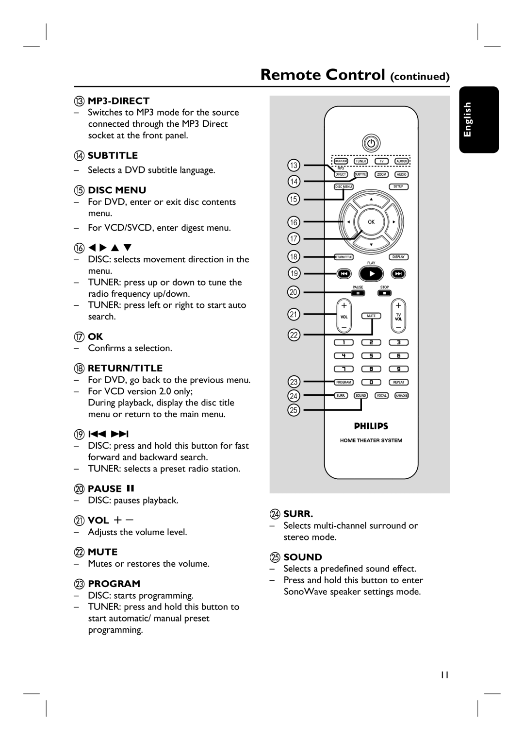 Philips HTS6500 user manual MP3-DIRECT, Subtitle, Disc Menu, Return/Title, Pause Å, Vol +, Mute, Program, Surr 