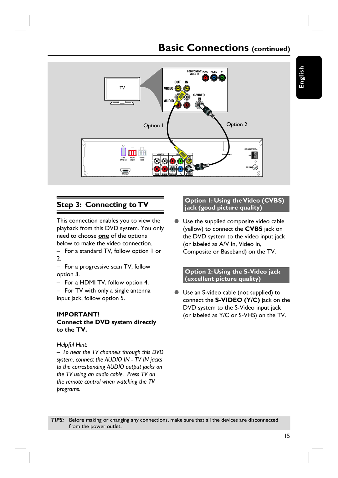 Philips HTS6500 user manual Connecting to TV, Connect the DVD system directly to the TV 