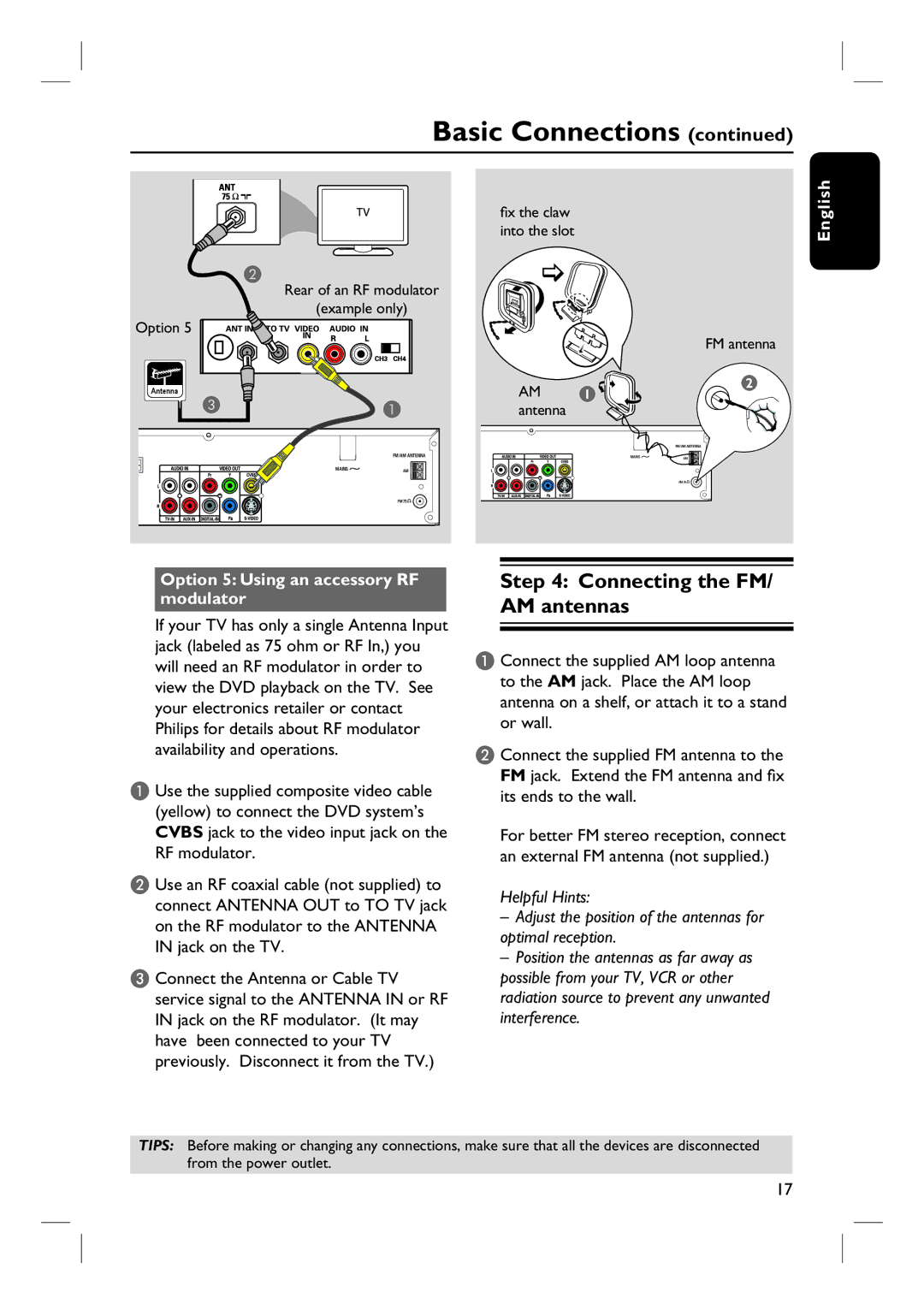 Philips HTS6500 user manual Connecting the FM/ AM antennas, English Option 5 Using an accessory RF modulator 