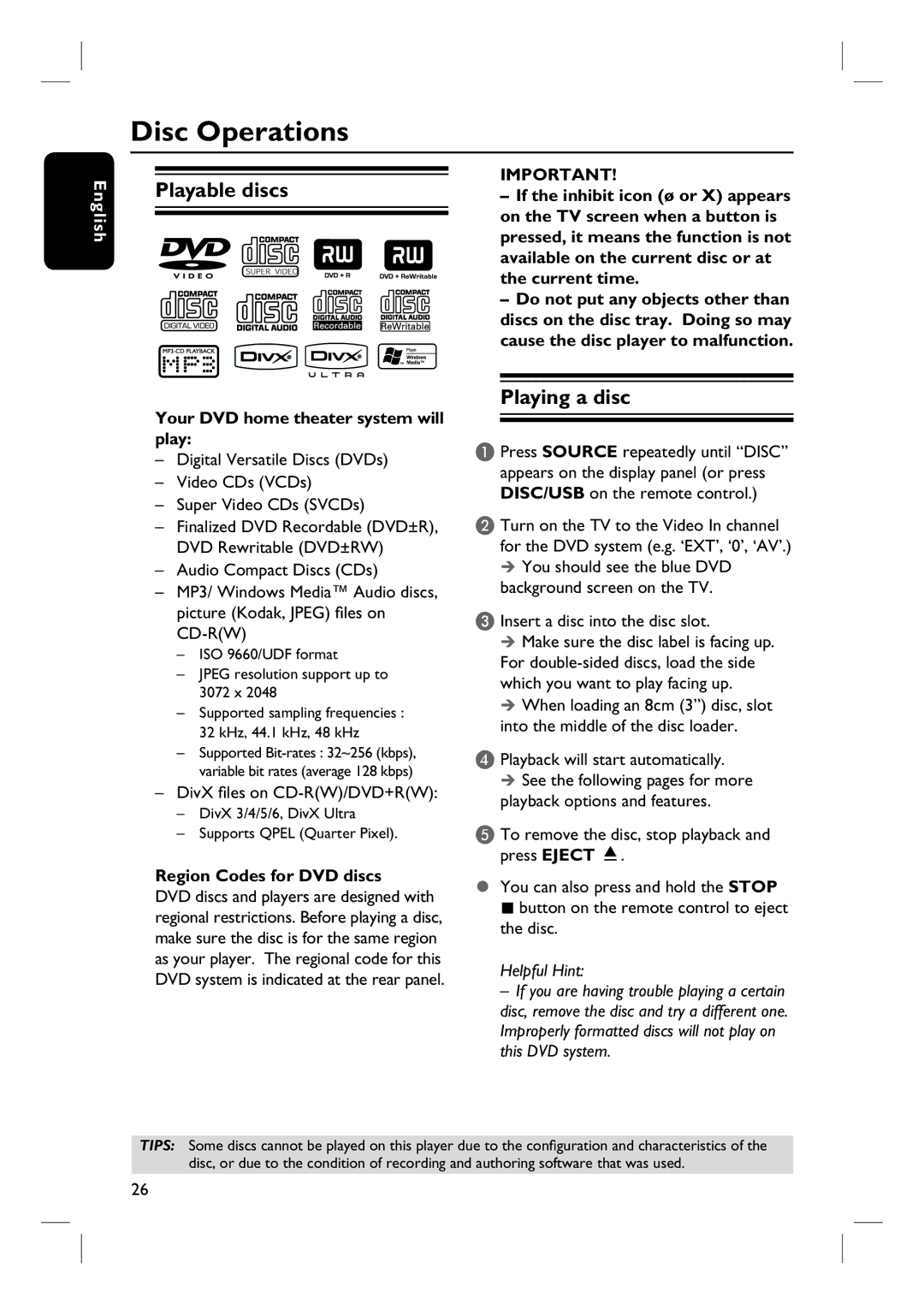 Philips HTS6500 user manual Disc Operations, Playable discs, Playing a disc 