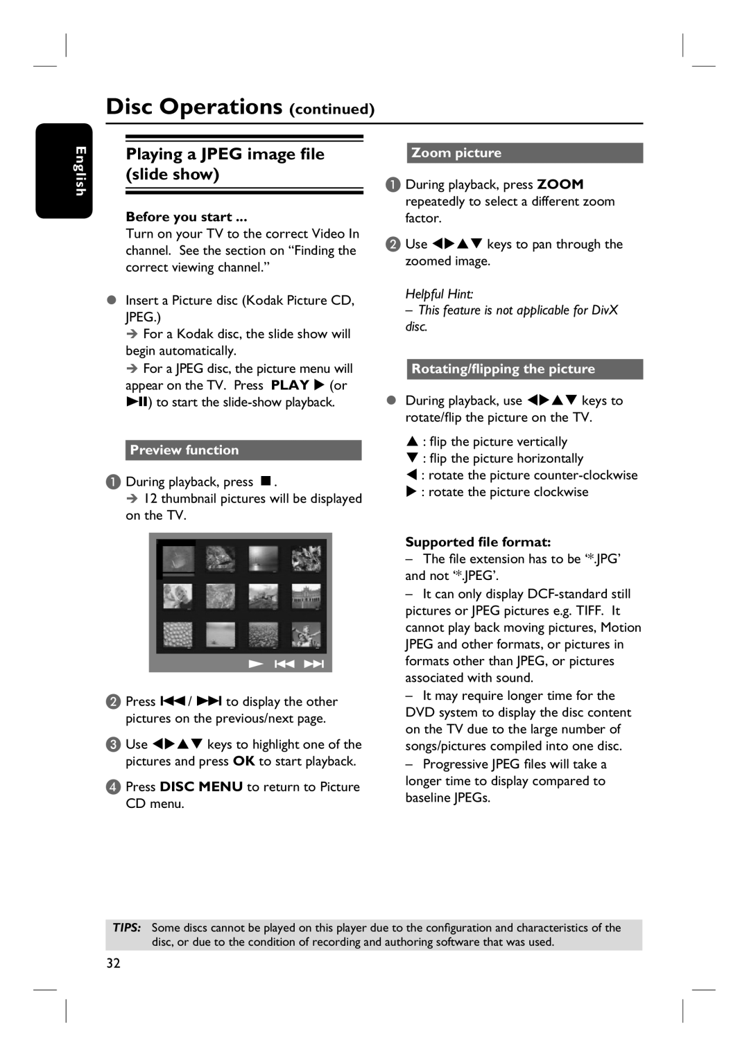 Philips HTS6500 Playing a Jpeg image file slide show, Preview function, Zoom picture, Rotating/flipping the picture 