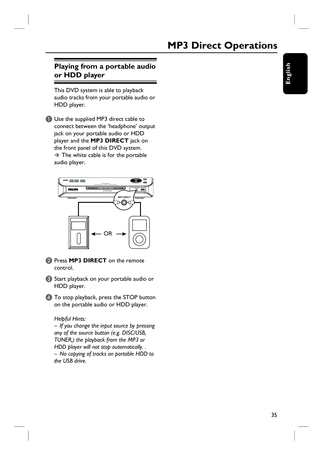 Philips HTS6500 user manual MP3 Direct Operations, Playing from a portable audio or HDD player 