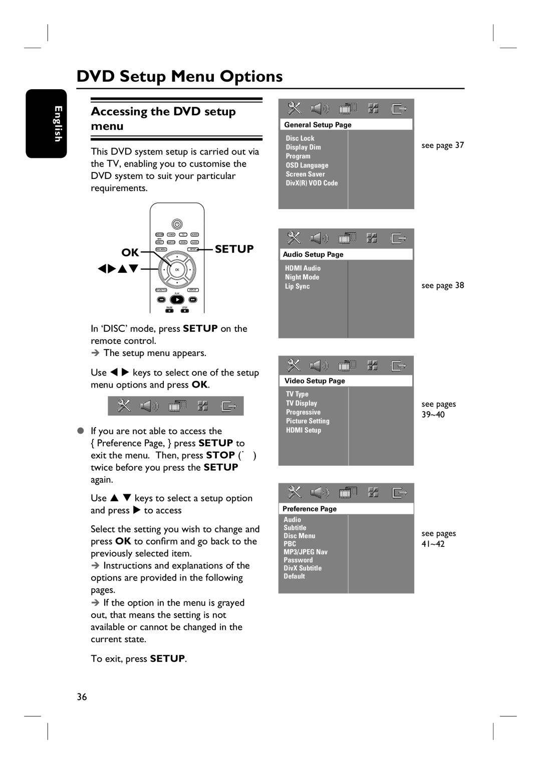 Philips HTS6500 user manual DVD Setup Menu Options, Accessing the DVD setup menu 