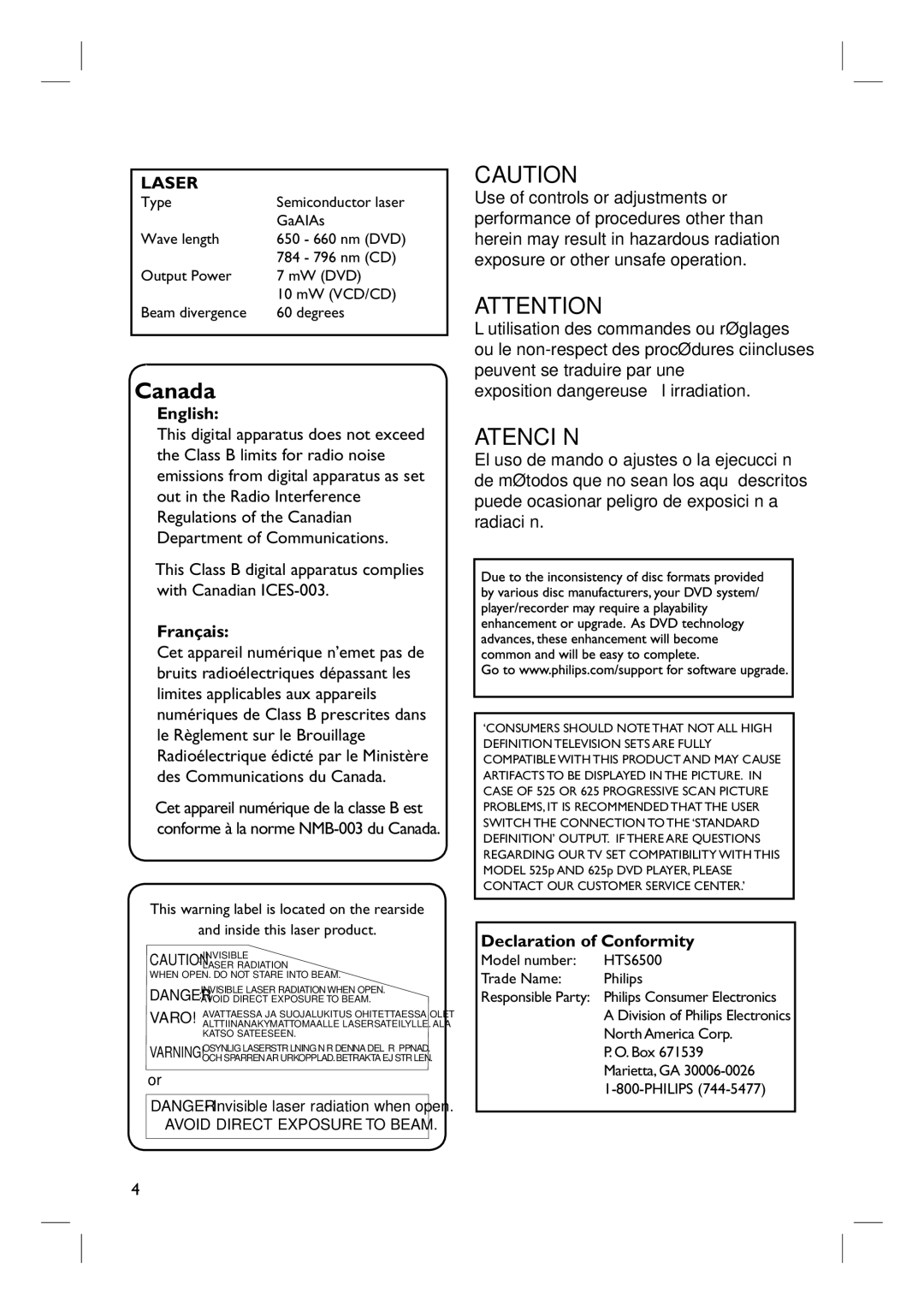 Philips HTS6500 user manual English, Français, Declaration of Conformity 