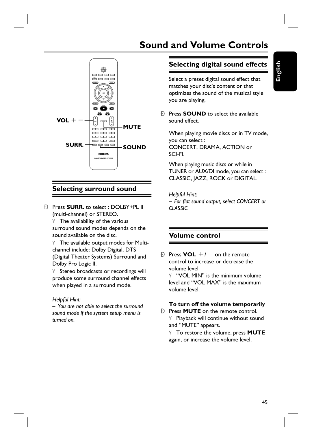 Philips HTS6500 Sound and Volume Controls, Selecting surround sound, Selecting digital sound effects, Volume control 