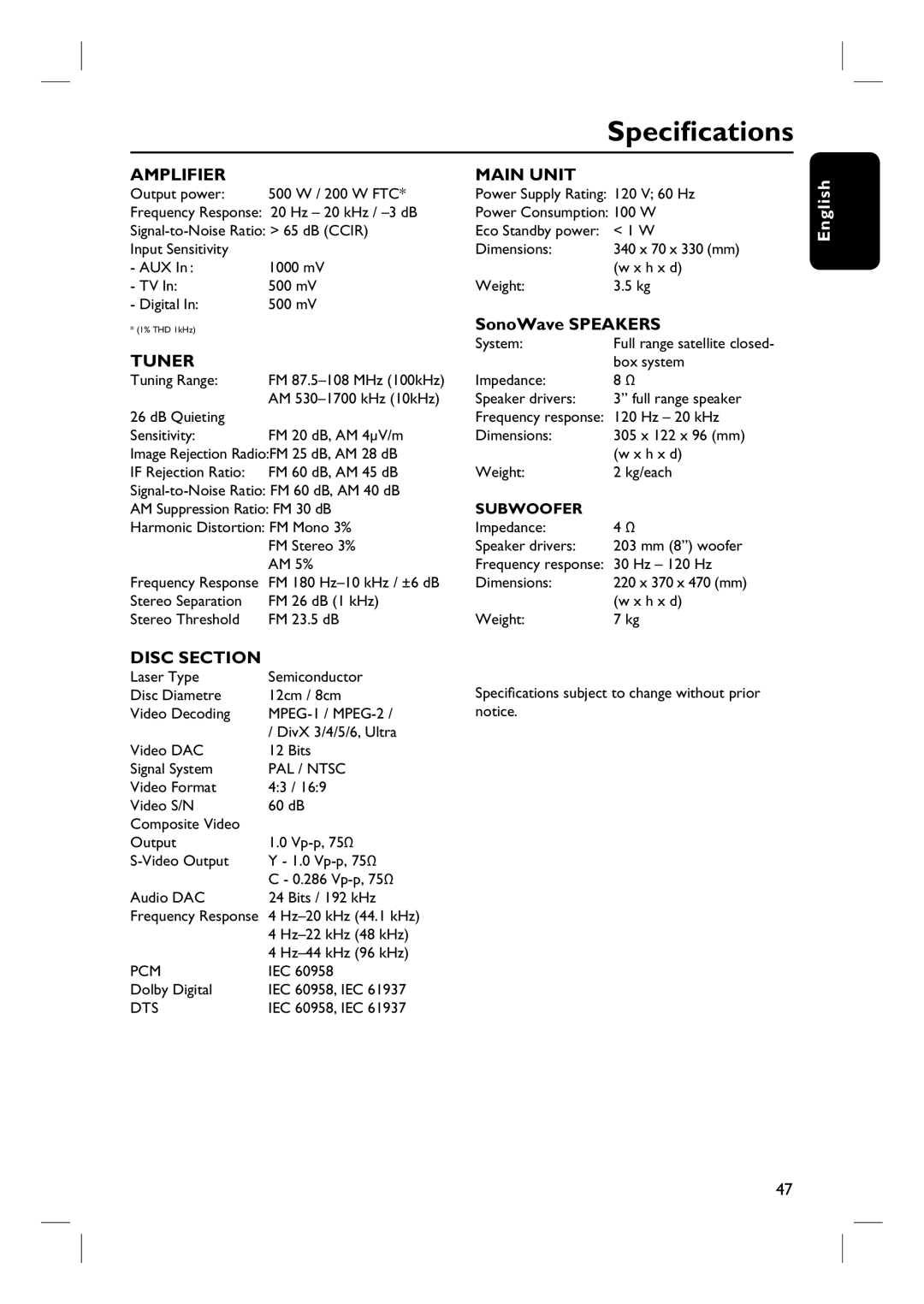 Philips HTS6500 user manual Specifications, SonoWave Speakers 