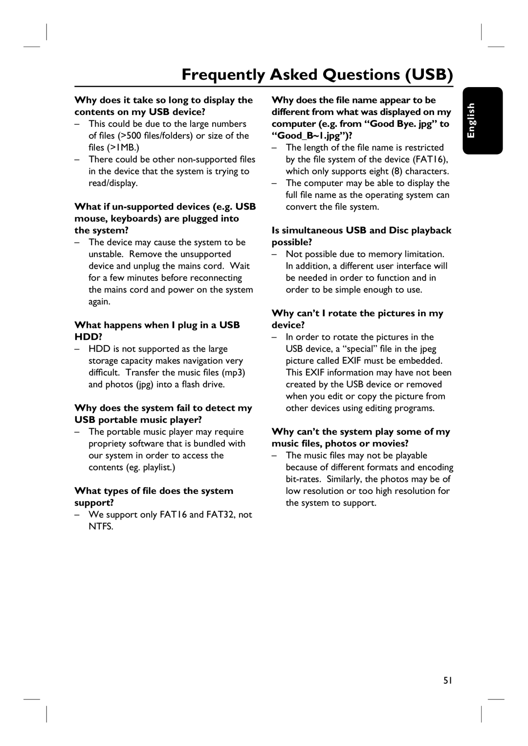 Philips HTS6500 user manual Frequently Asked Questions USB, What happens when I plug in a USB HDD? 