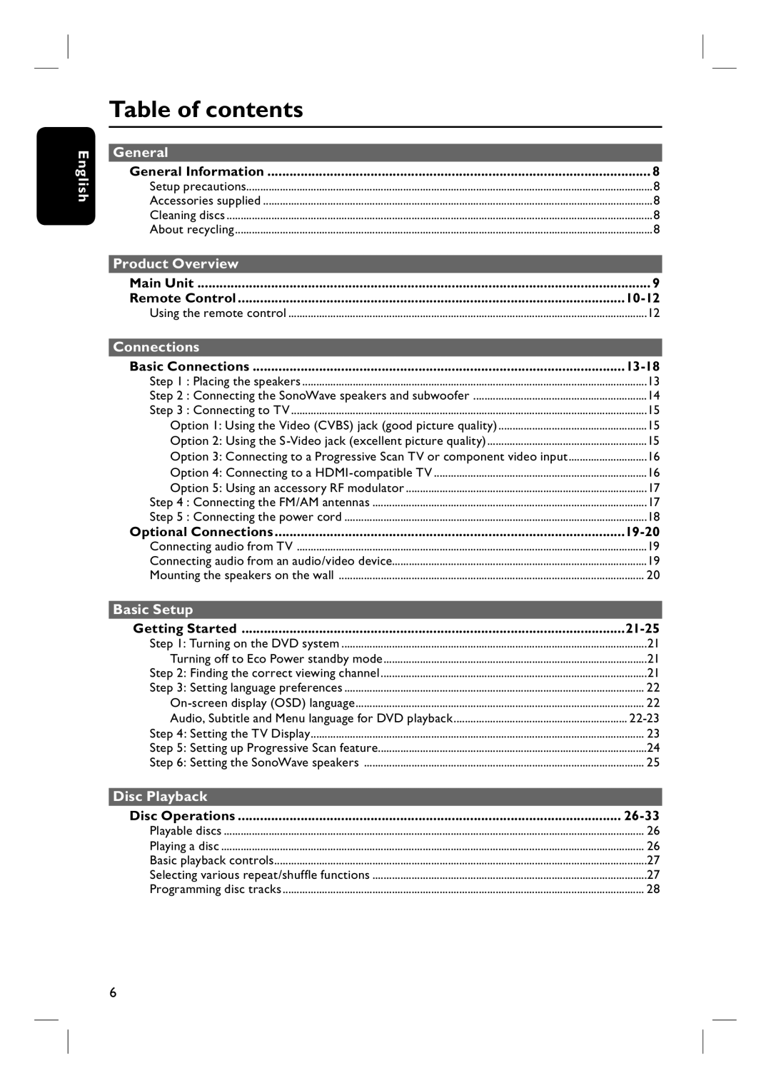 Philips HTS6500 user manual Table of contents 