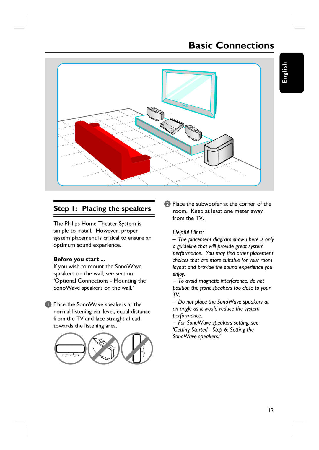 Philips HTS6500 user manual Basic Connections, Placing the speakers, English, Before you start, Helpful Hints 