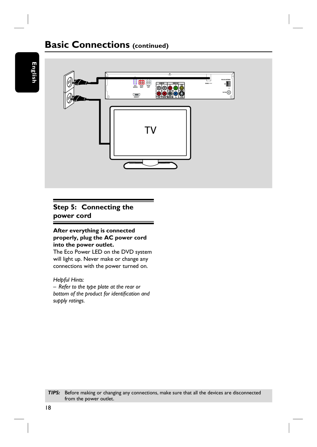 Philips HTS6500 user manual Connecting the power cord, Basic Connections continued, English, Helpful Hints 