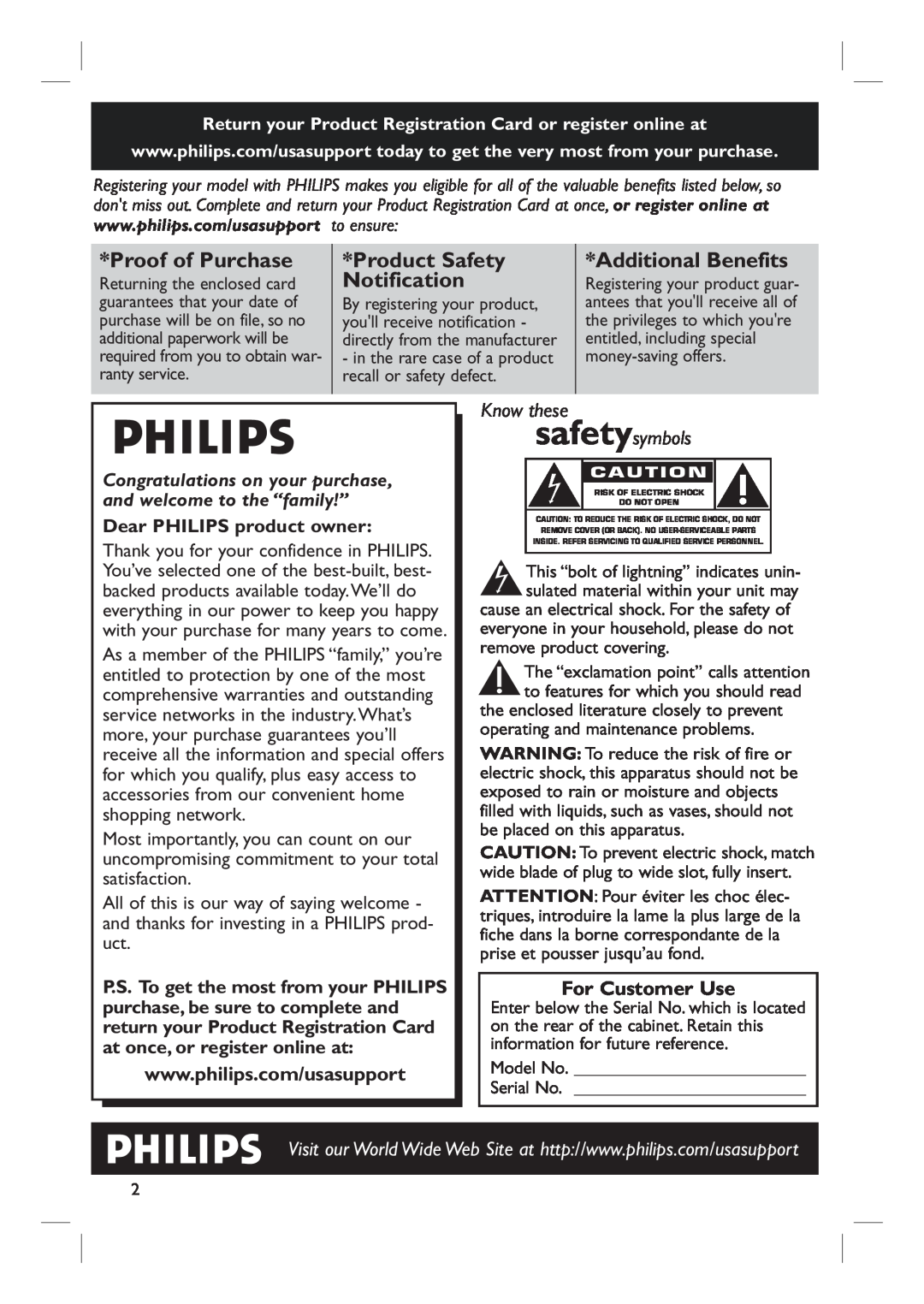 Philips HTS6500 user manual Proof of Purchase, Product Safety Notification, Additional Benefits, For Customer Use 