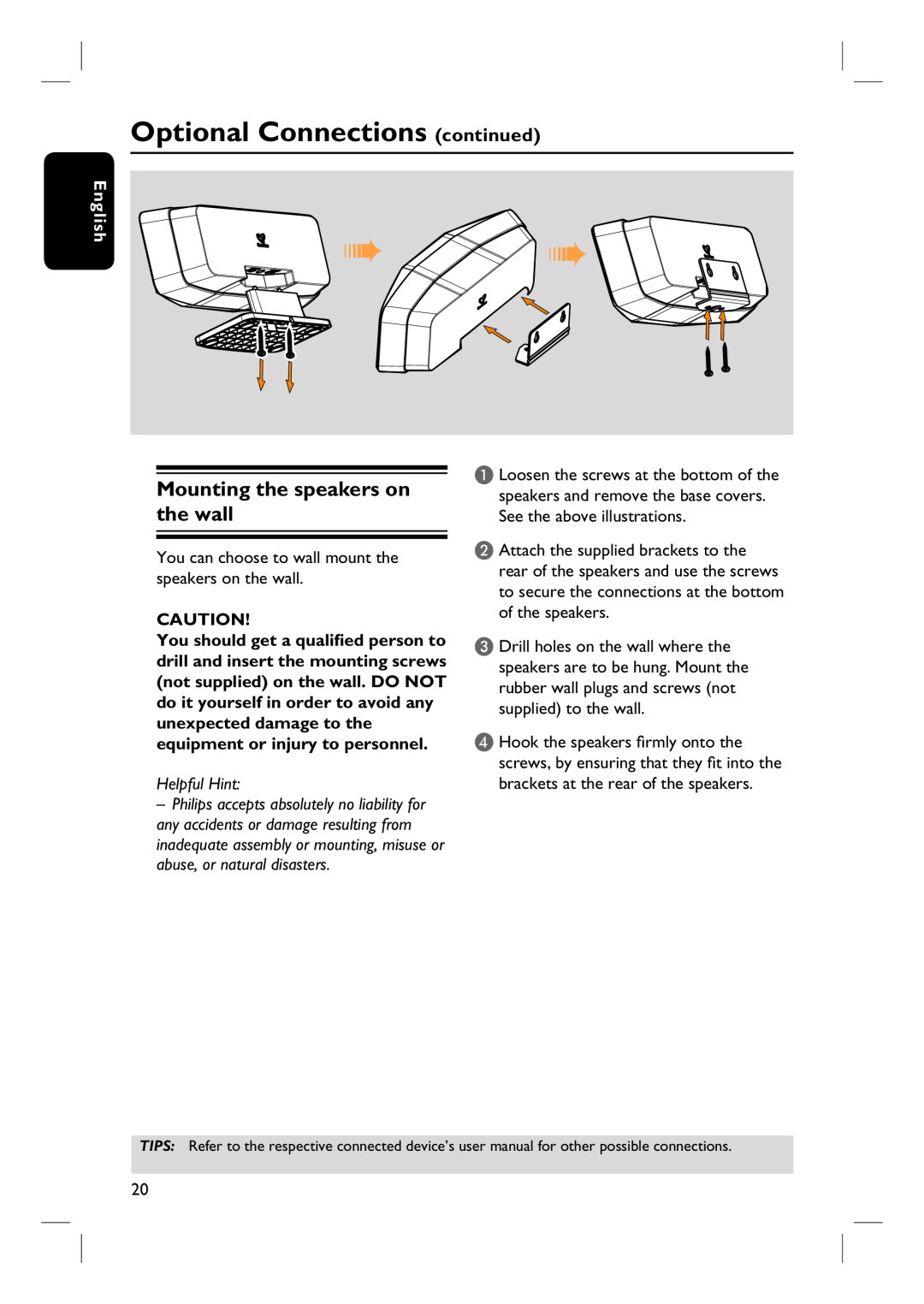 Philips HTS6500 user manual Optional Connections continued, Mounting the speakers on the wall, English, Helpful Hint 